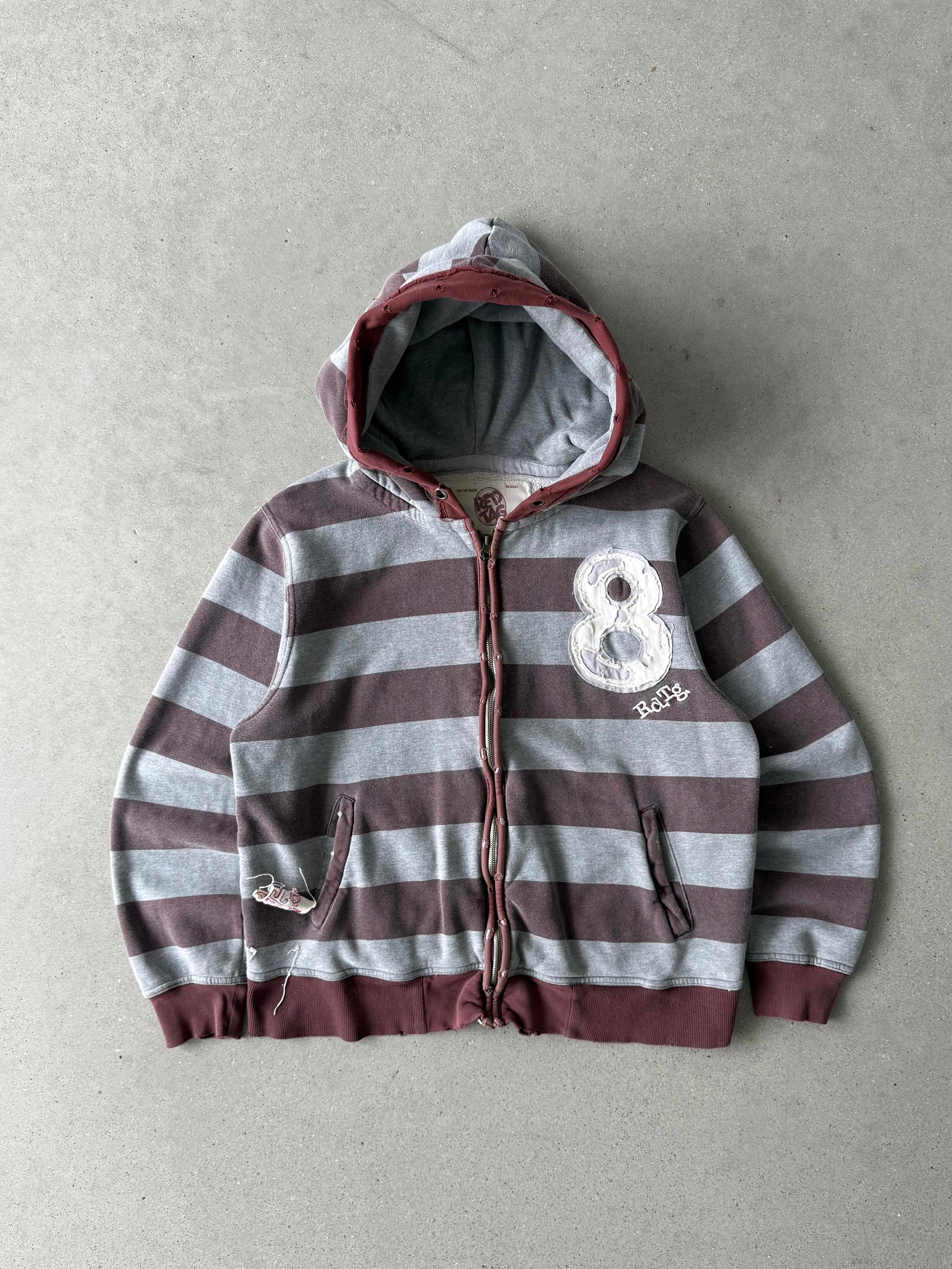 Vintage Y2K Red Tag Striped Zip-up Boxy Hoodie - L