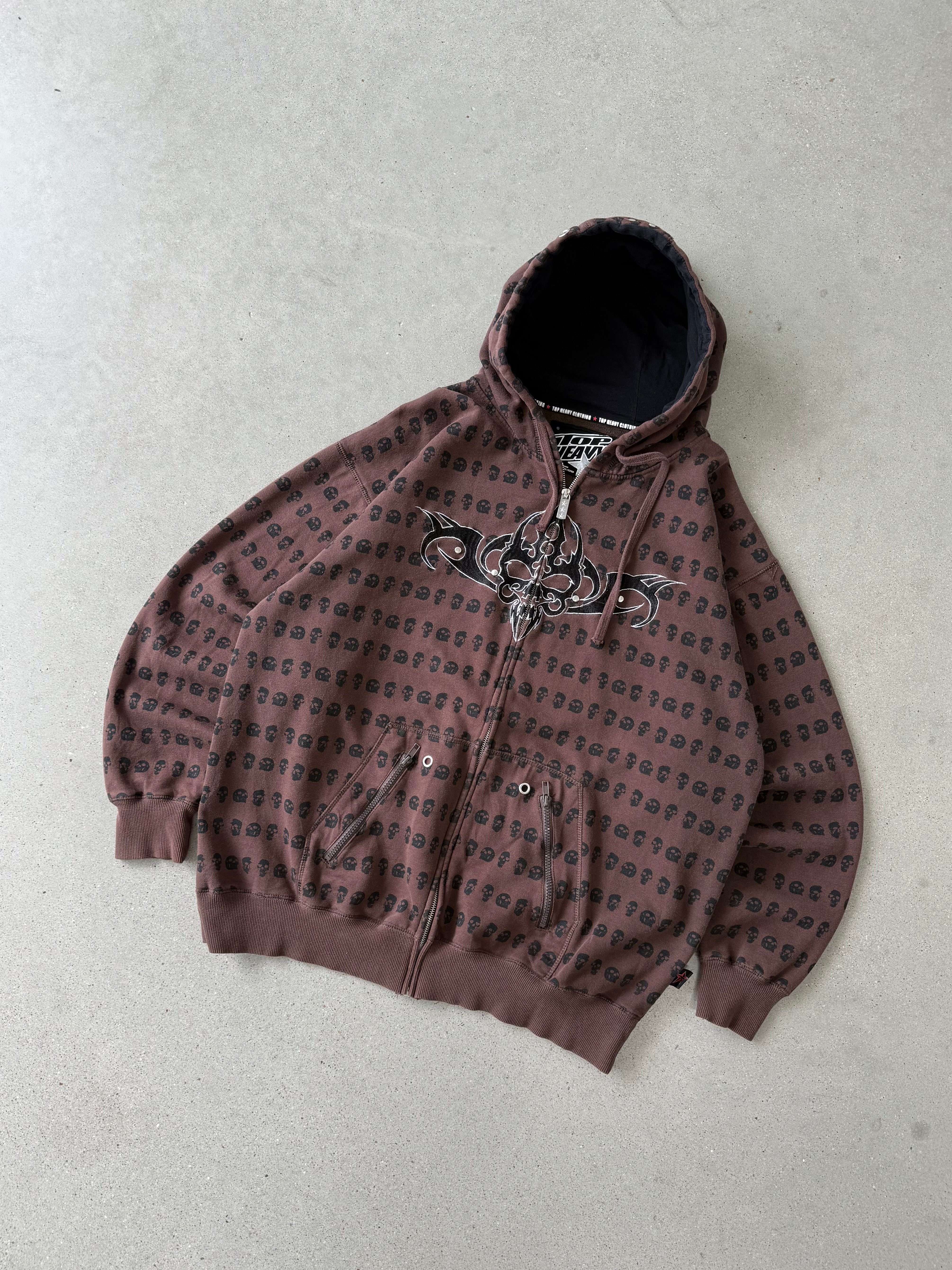 Vintage Y2K Top Heavy Brown Skulled Zip-up Hoodie - XL