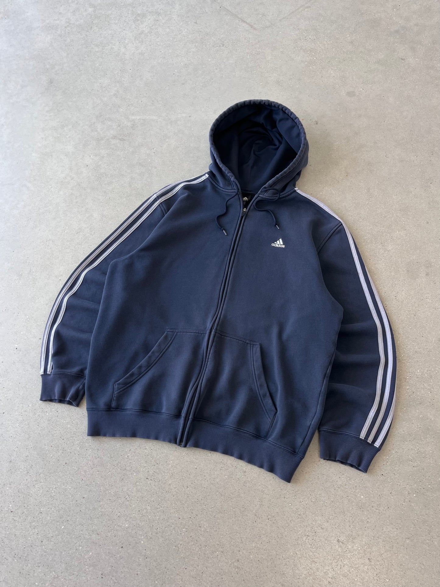 Vintage Adidas Navy Striped Zip-up Hoodie - L