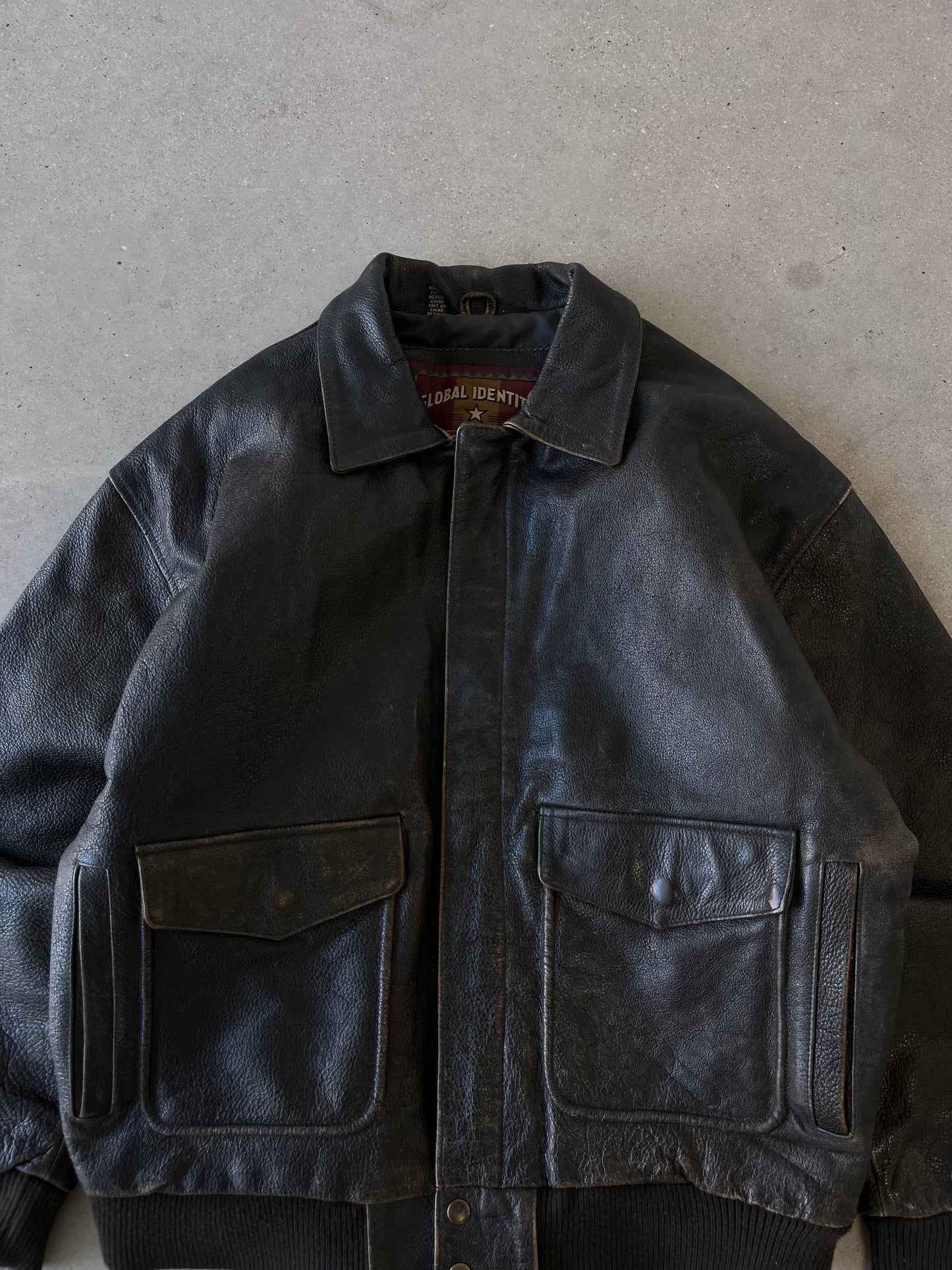 Vintage 90s Global Identity Leather Bomber Jacket - L