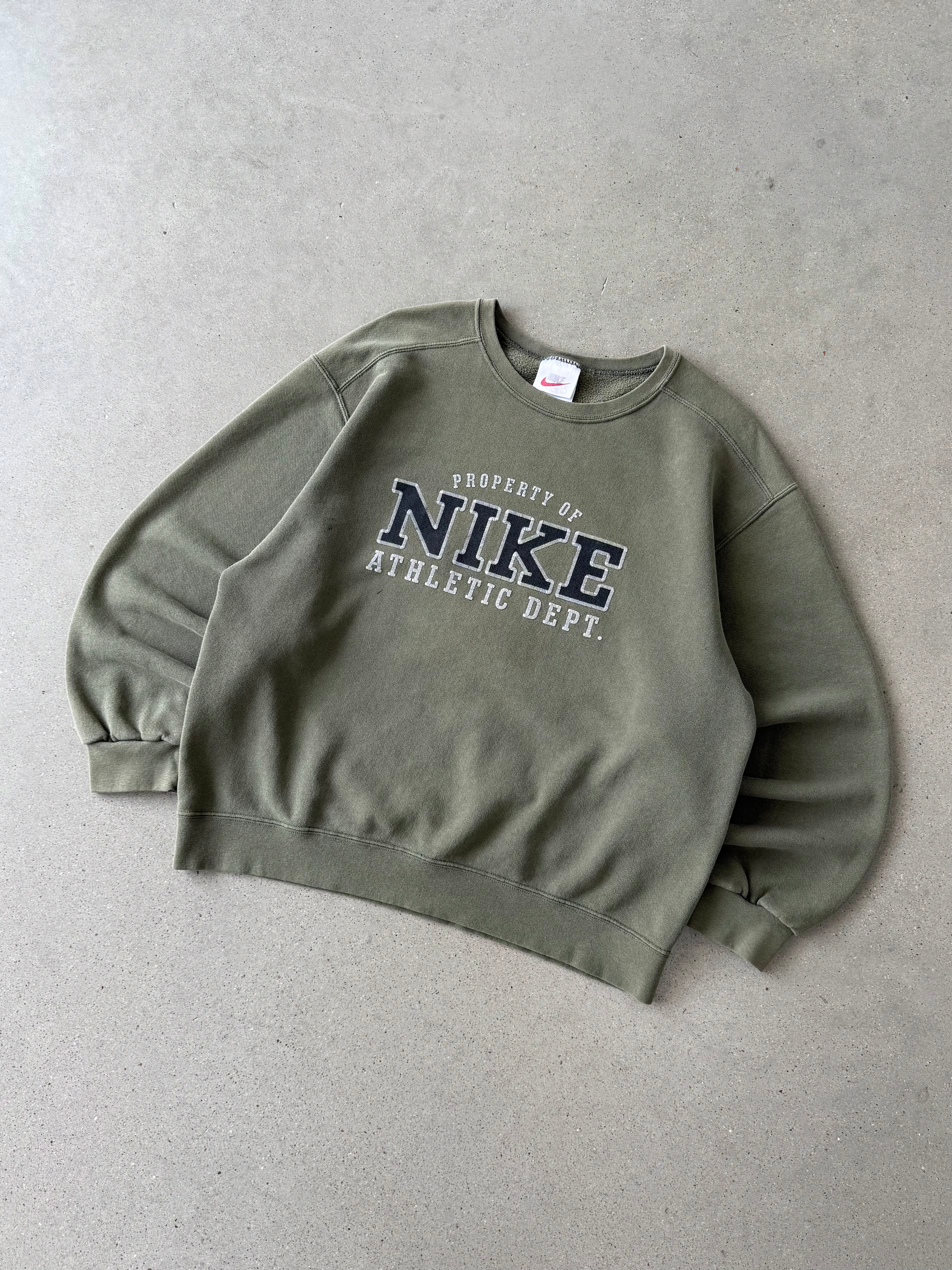 Vintage 1990s Nike Athletic Olive Spell-out Crewneck - L