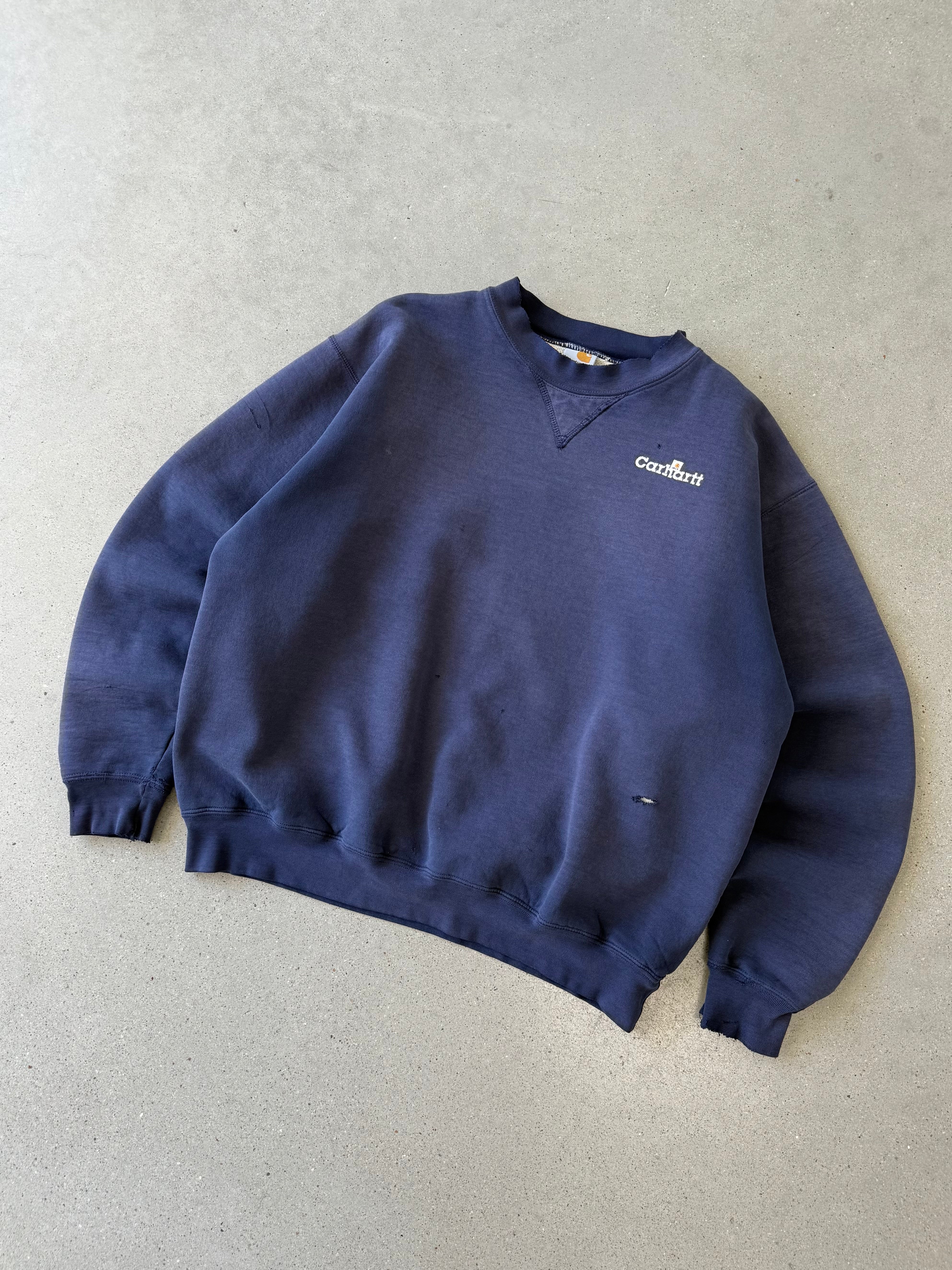 Vintage Sunfaded Thermal Carhartt Navy Spellout Sweatshirt - XL