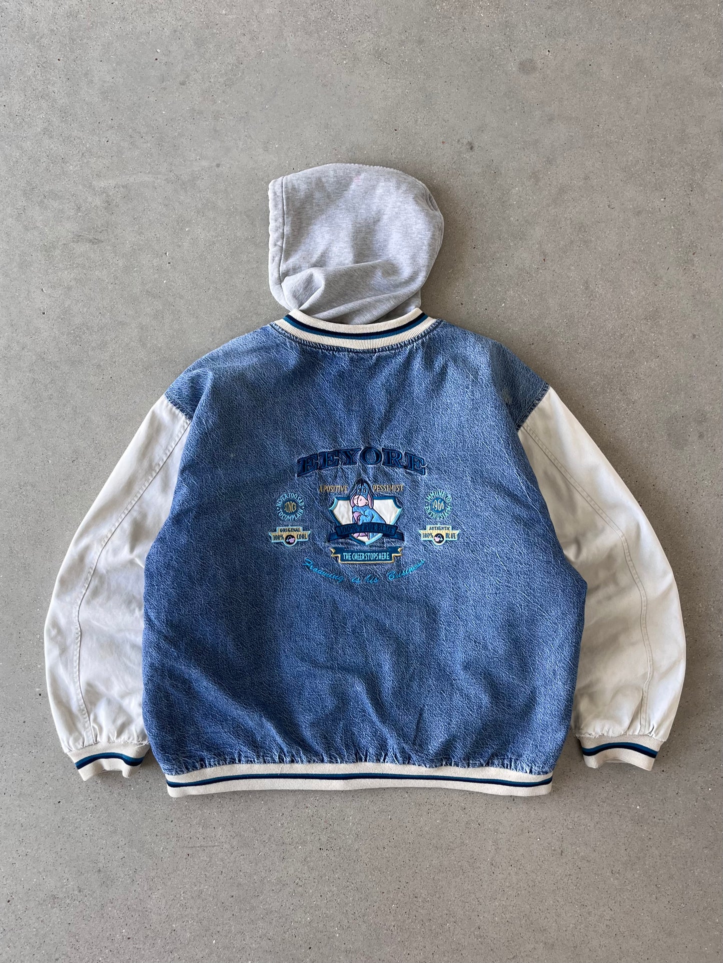 Vintage Eeyore Disney 'A Positive Pessimist' Hooded Varsity Denim Jacket - L