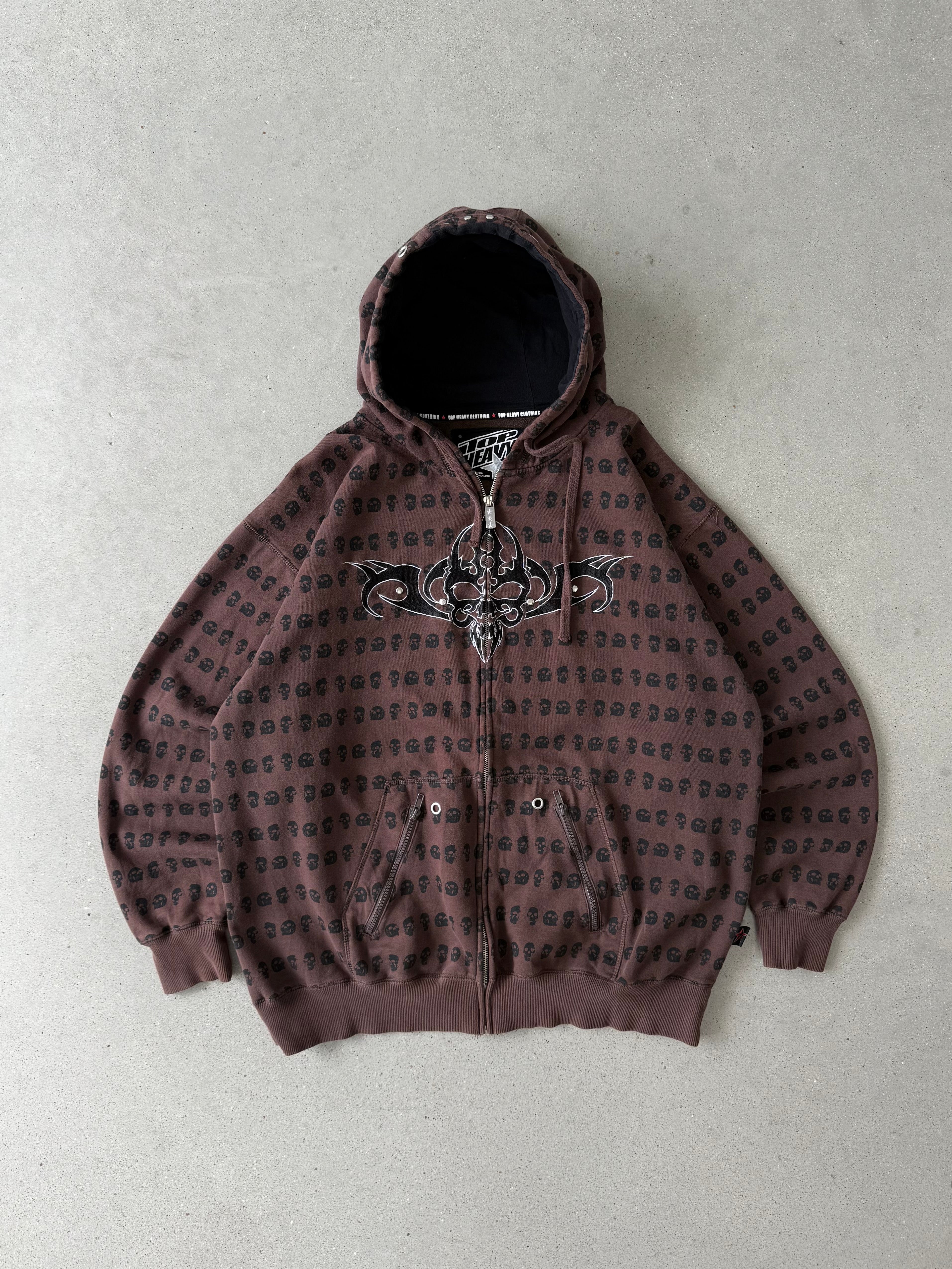 Vintage Y2K Top Heavy Brown Skulled Zip-up Hoodie - XL