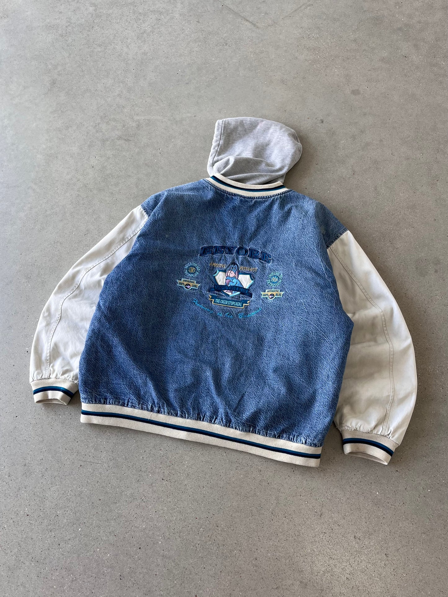 Vintage Eeyore Disney 'A Positive Pessimist' Hooded Varsity Denim Jacket - L