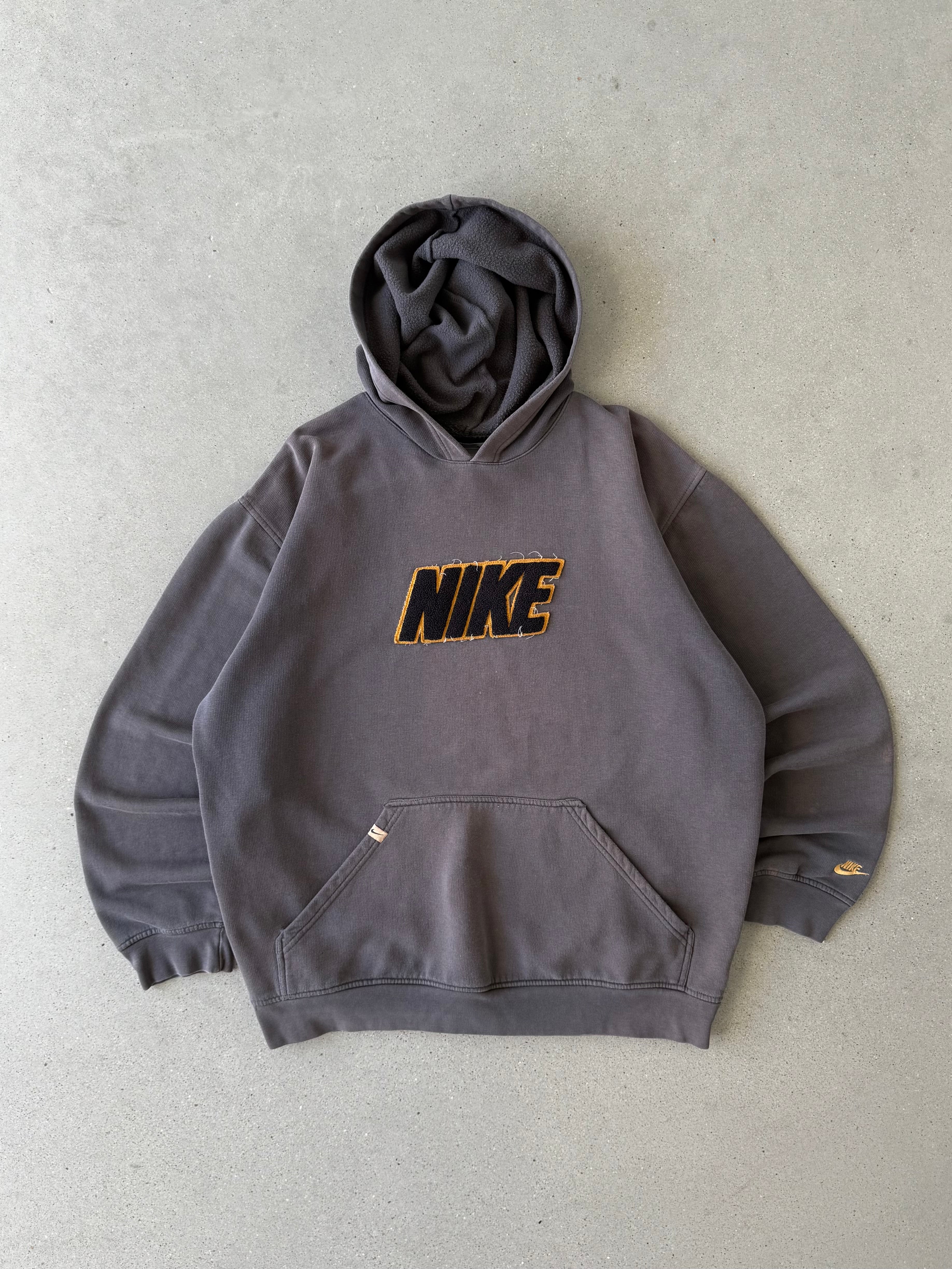 Vintage 2000s Nike Spell-out Charcoal/Yellow Hoodie - XL