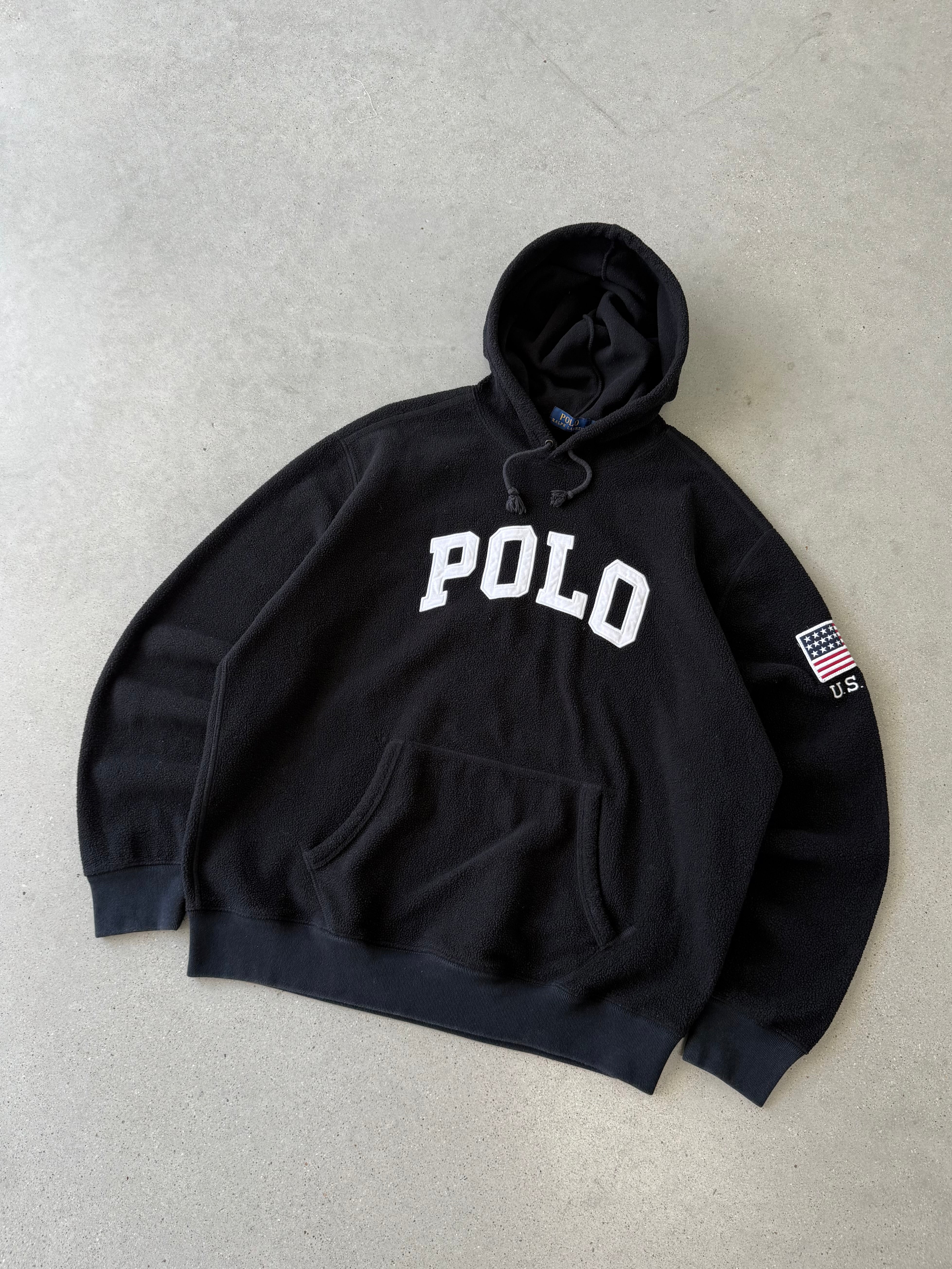 Vintage Polo Black Spellout Fleece Hoodie- XL
