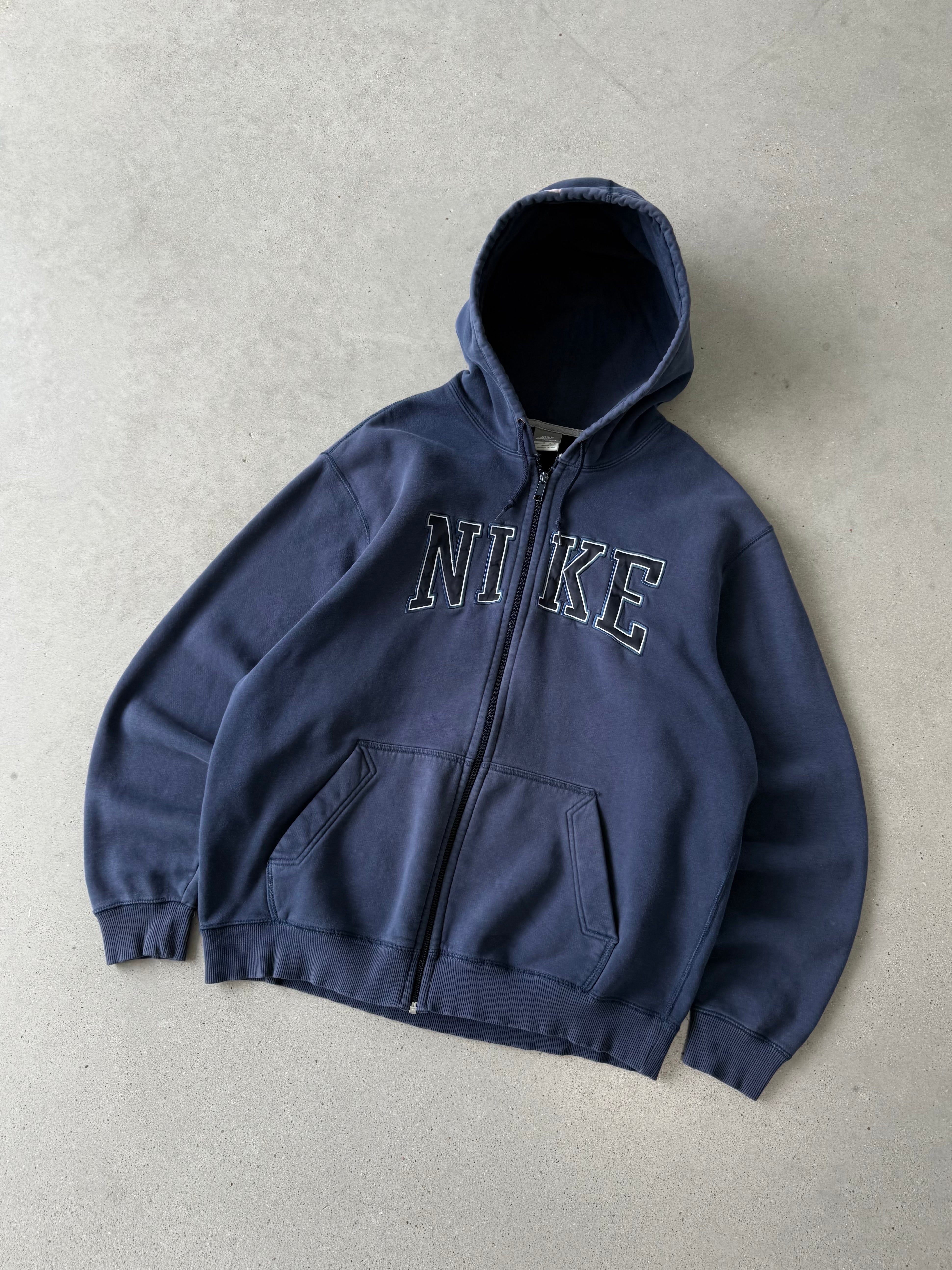 Vintage Nike Spell-out Zip-up Navy Hoodie - XL