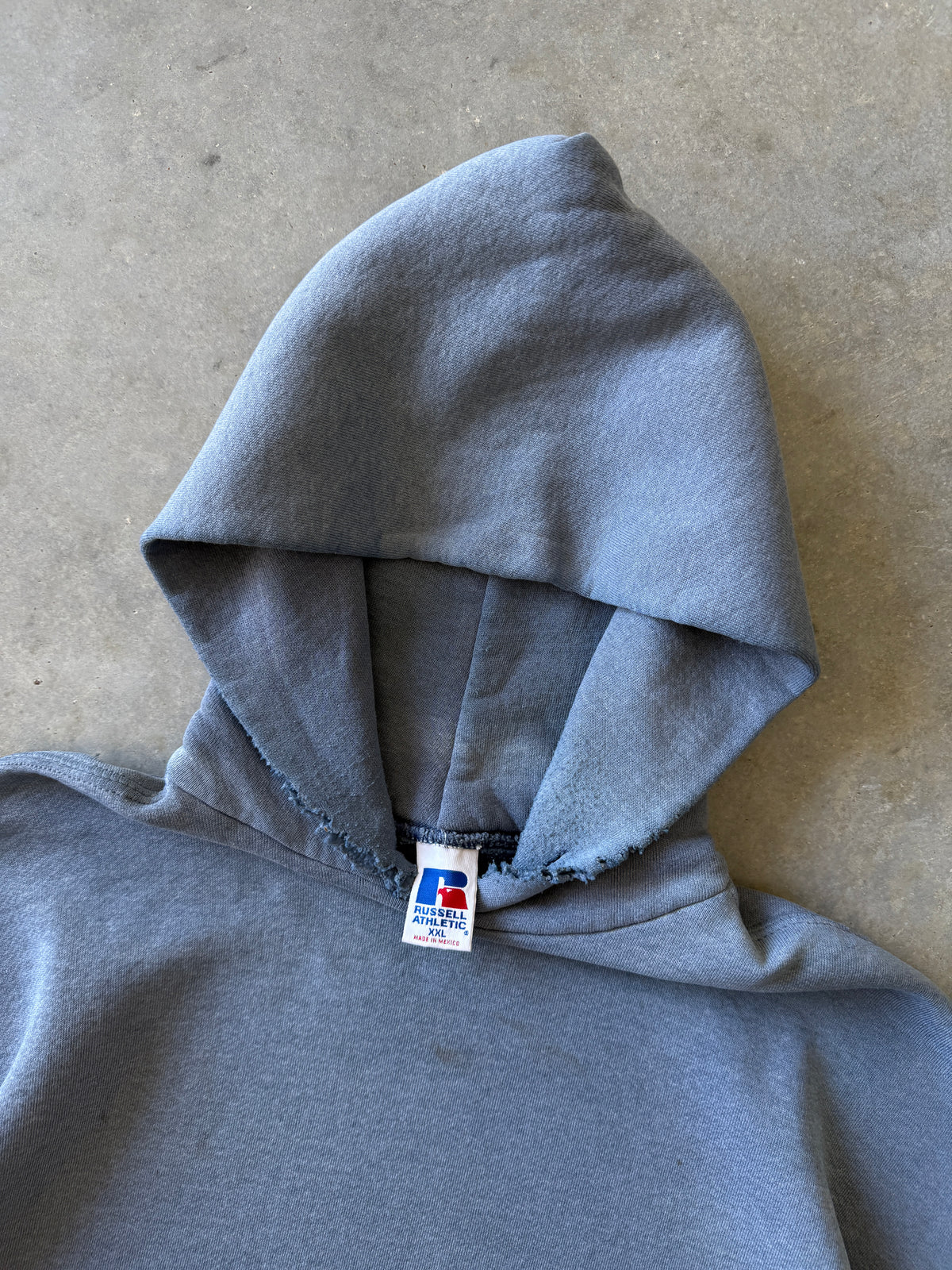 Vintage 1990s Sun-faded Greyish-blue Russell Athletic Hoodie (XXL)