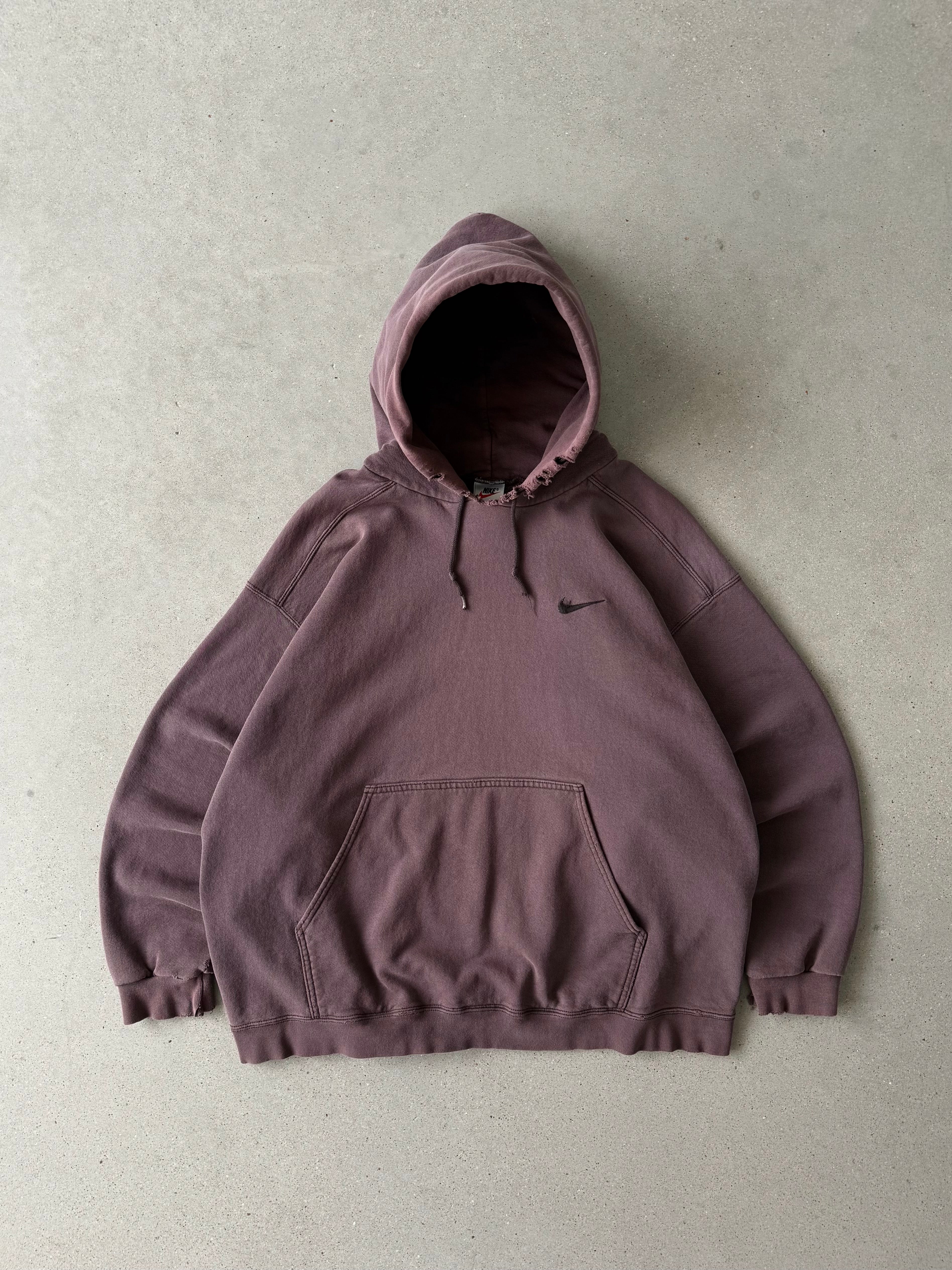 Vintage 1990s Nike Chocolate Brown Mini Swoosh Hoodie - XL