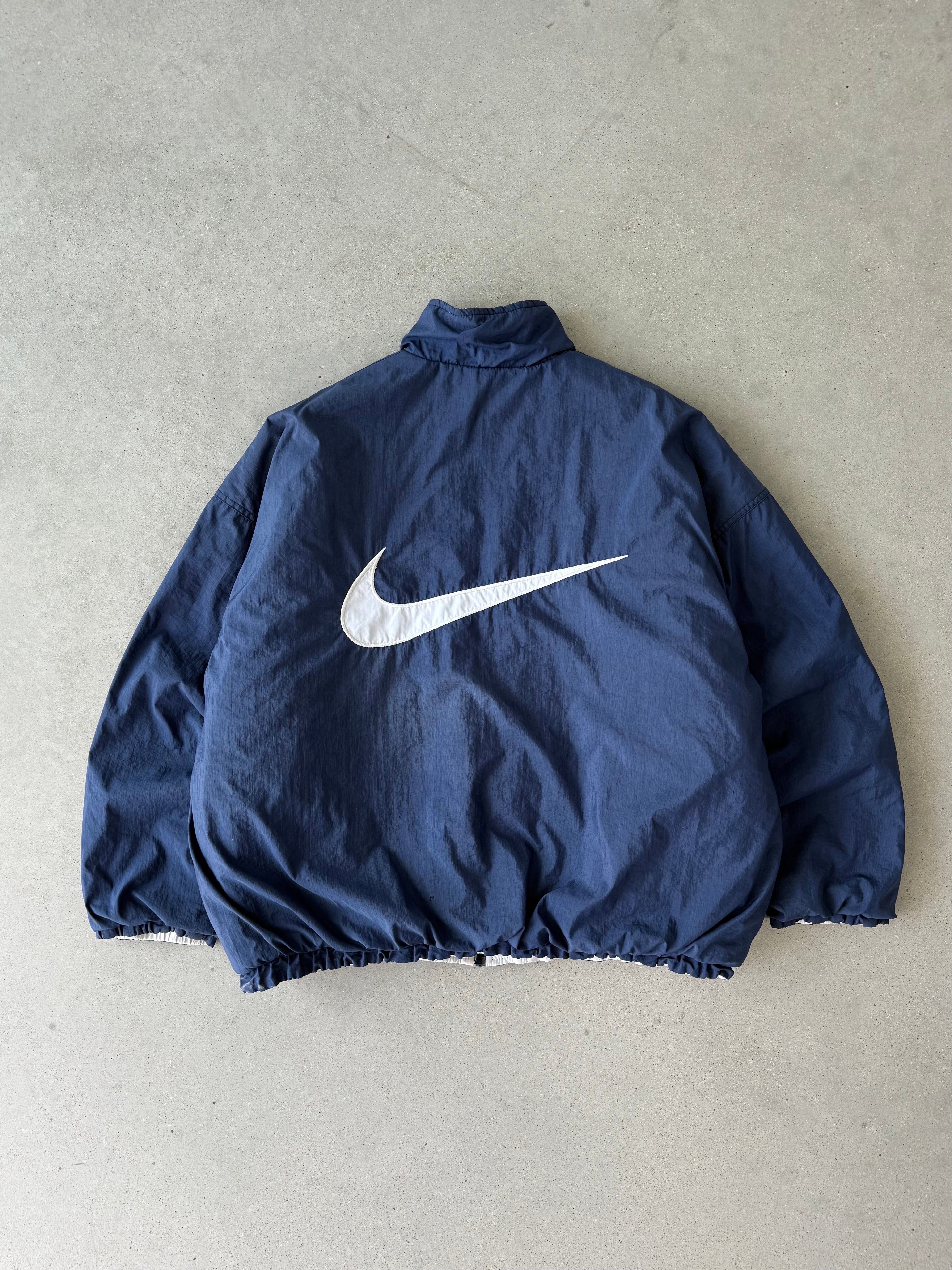 Vintage Nike Big Swoosh Blue Reversible Puffer Jacket - XL