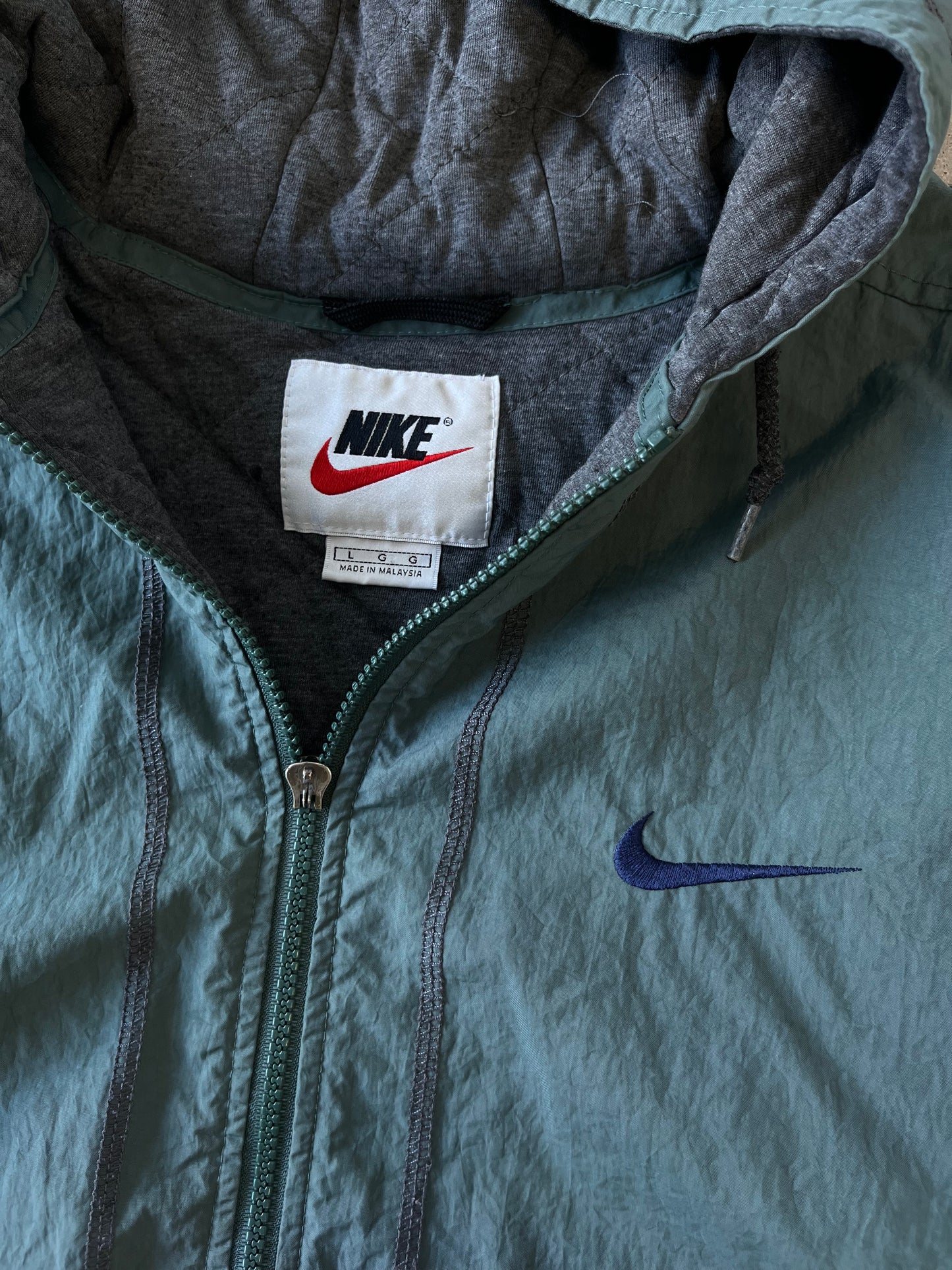 Vintage 90s Nike Mini Swoosh Light Puffer Hooded Jacket - L