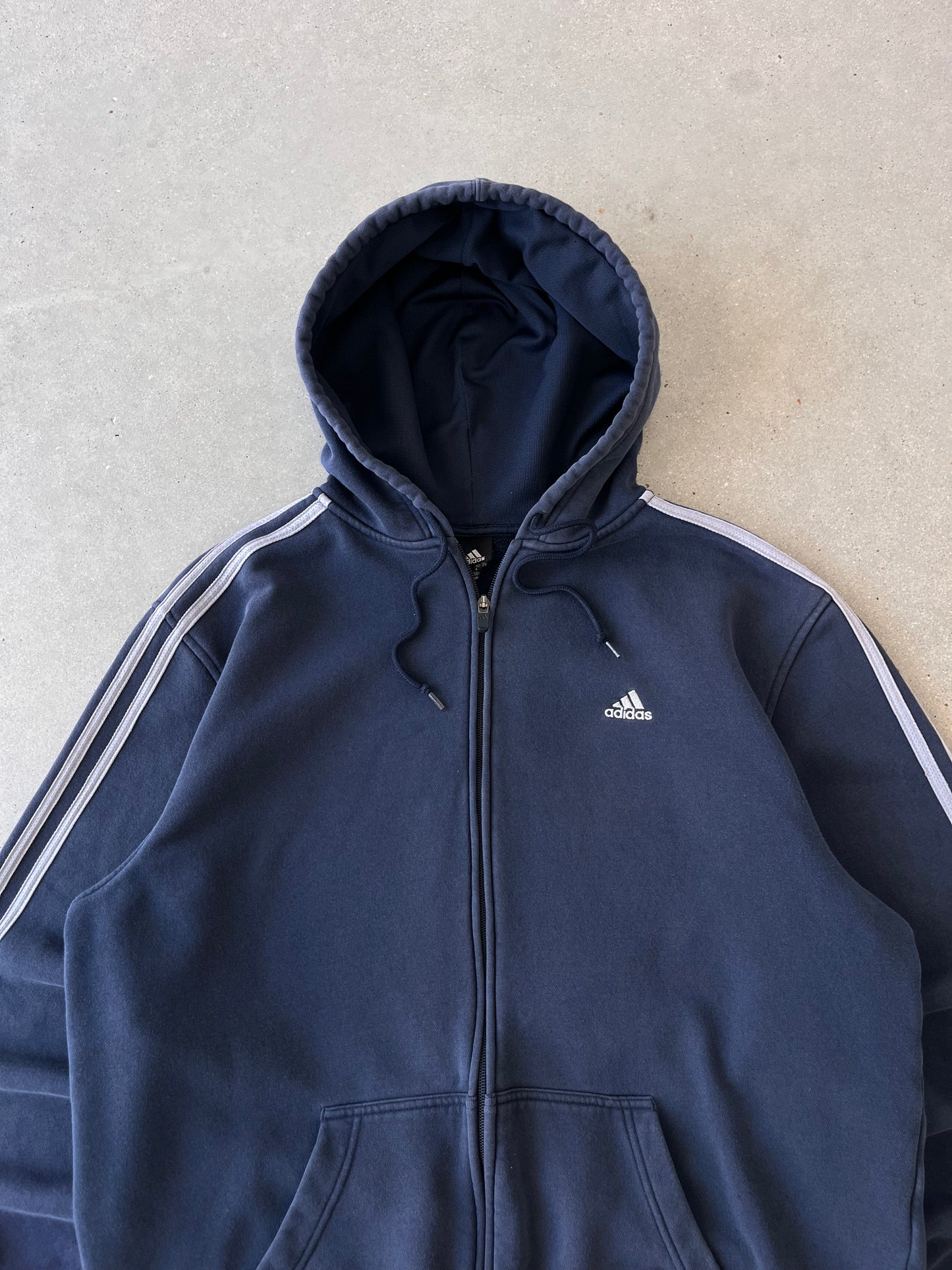 Vintage Adidas Navy Striped Zip-up Hoodie - L