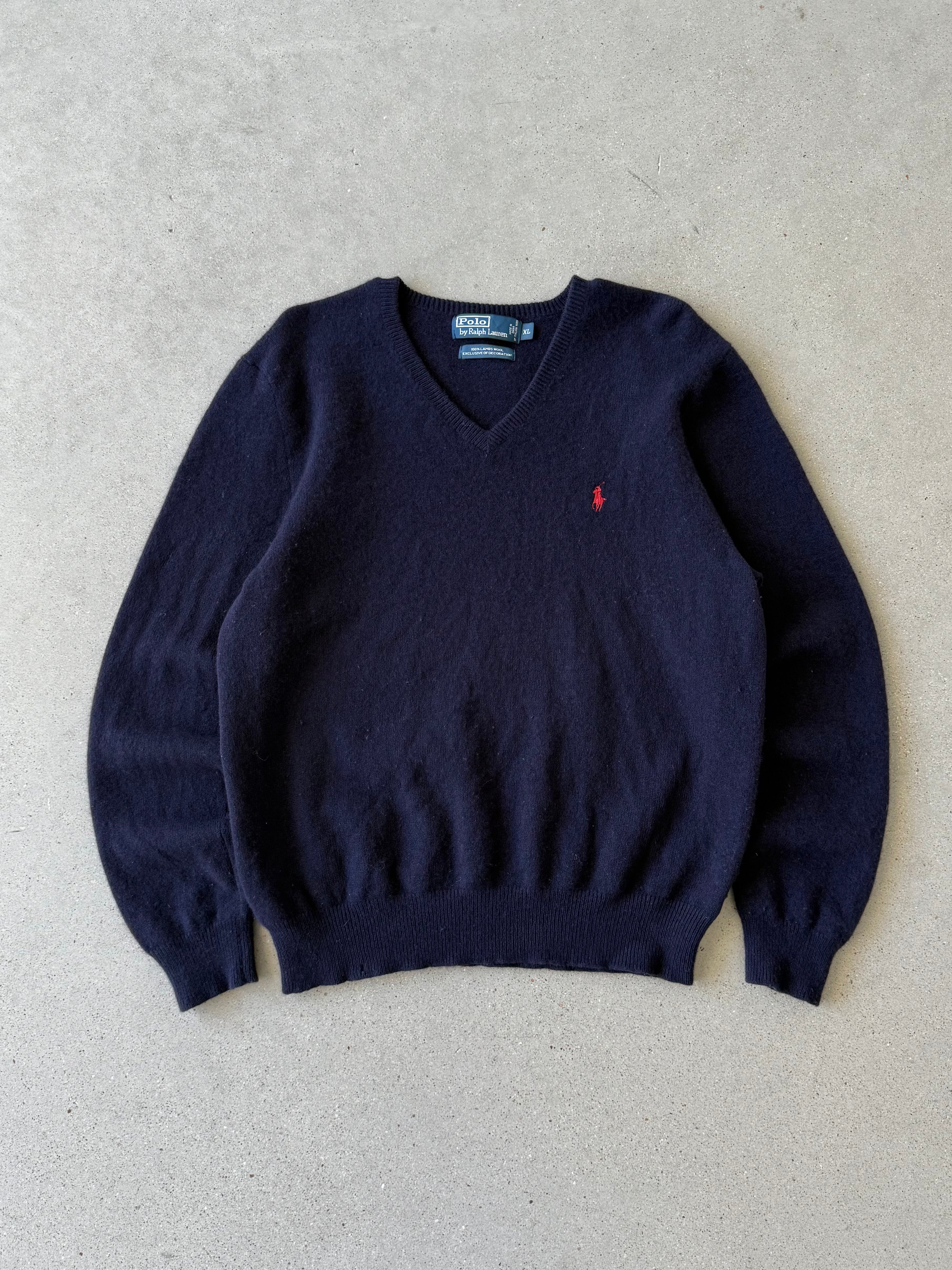 Vintage Polo Ralph Lauren Navy Wool V-neck Sweater - XL