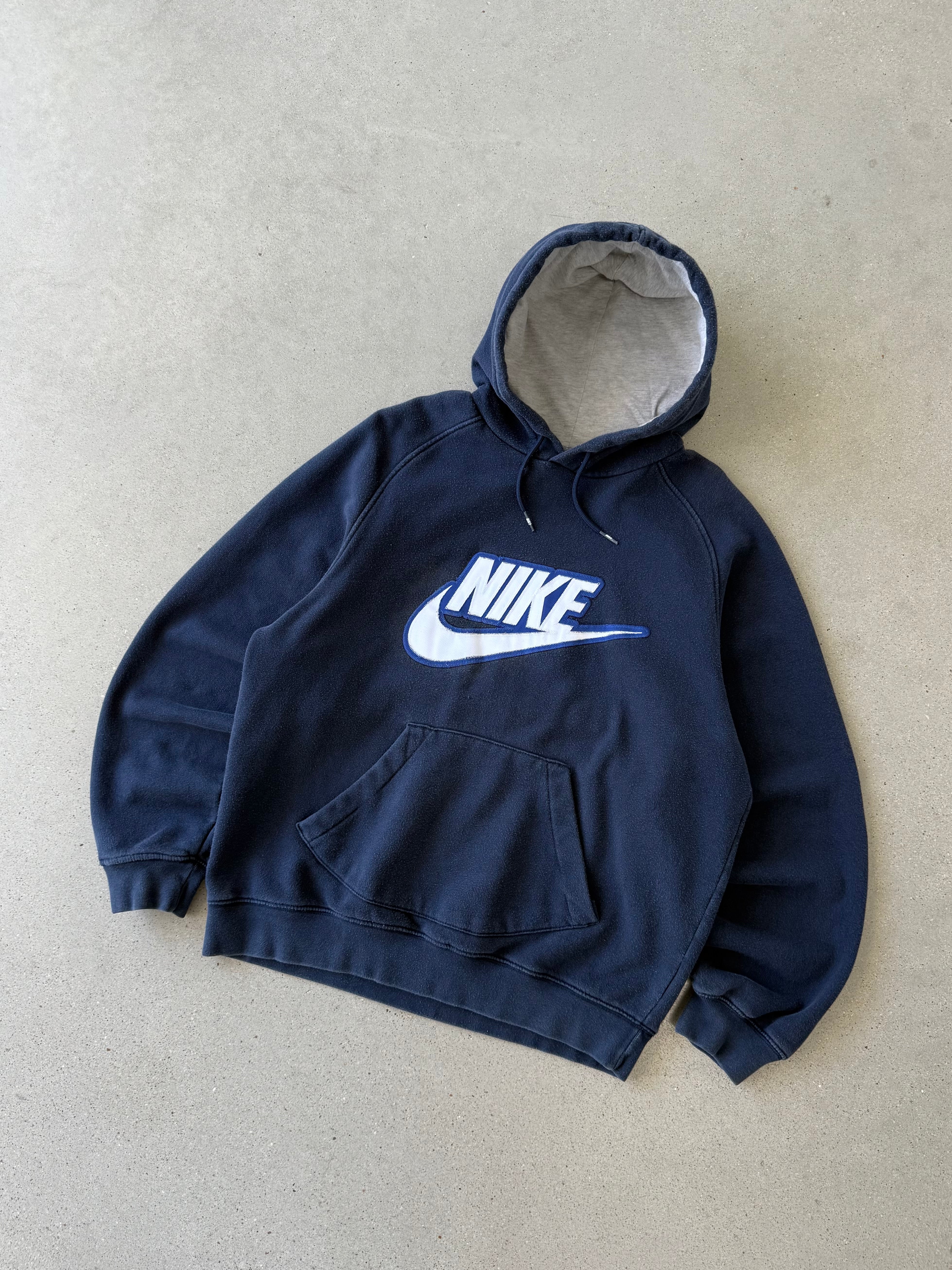 Vintage Nike Navy White Spellout Logo Hoodie - M
