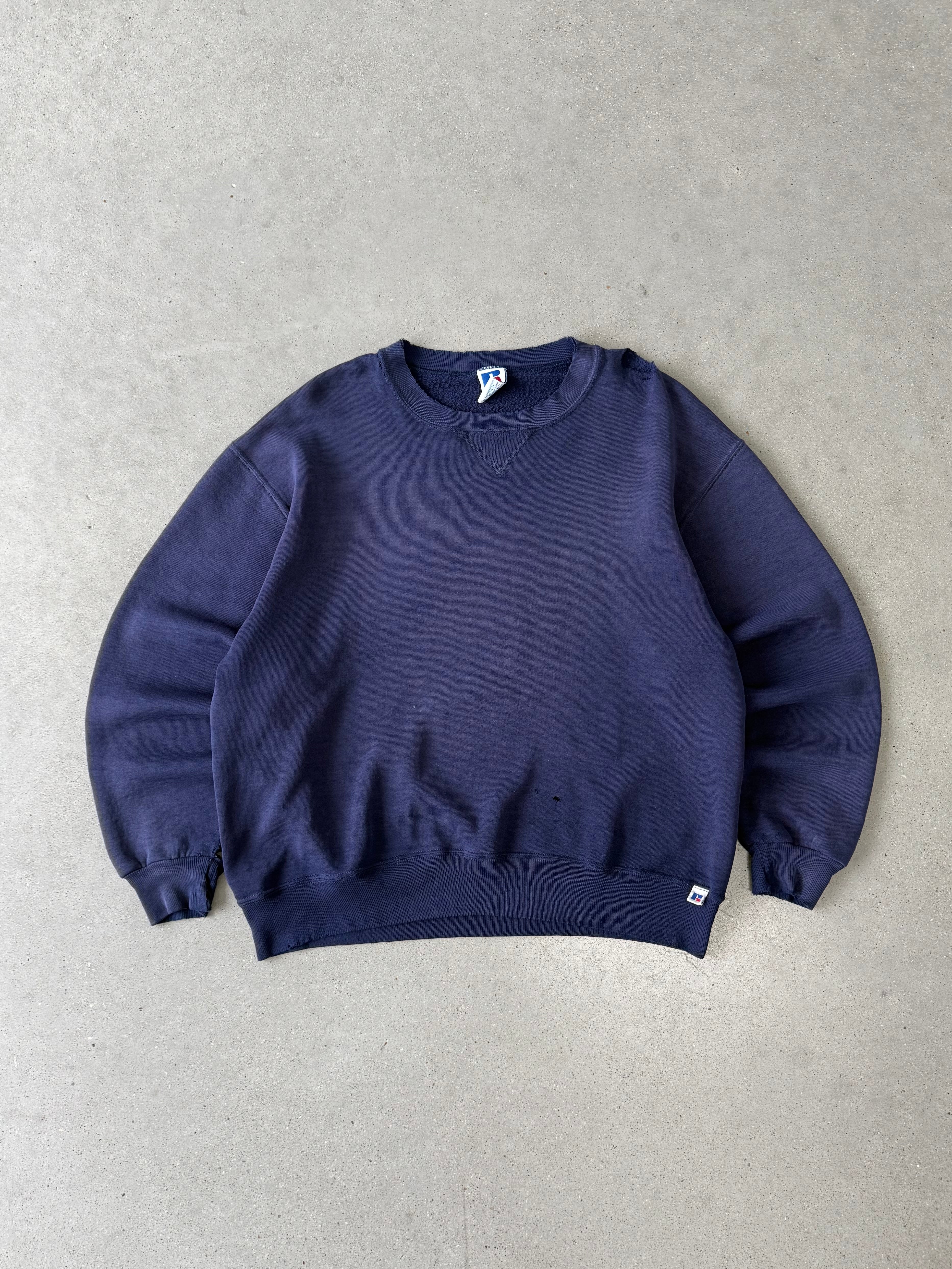 Vintage Russell Athletic Navy Distressed Crewneck - L