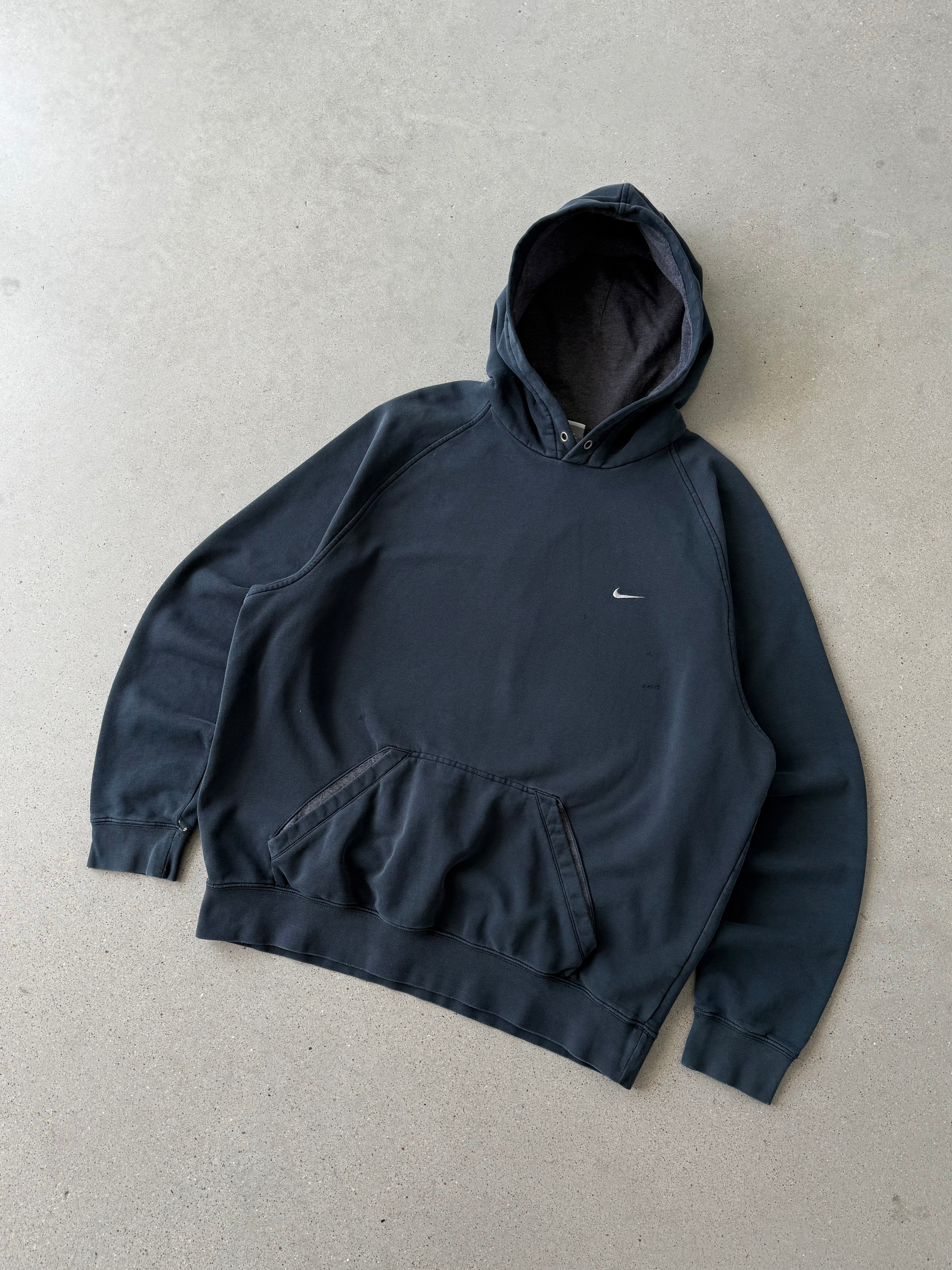 Vintage Nike Black Mini Swoosh Distressed Hoodie - XL