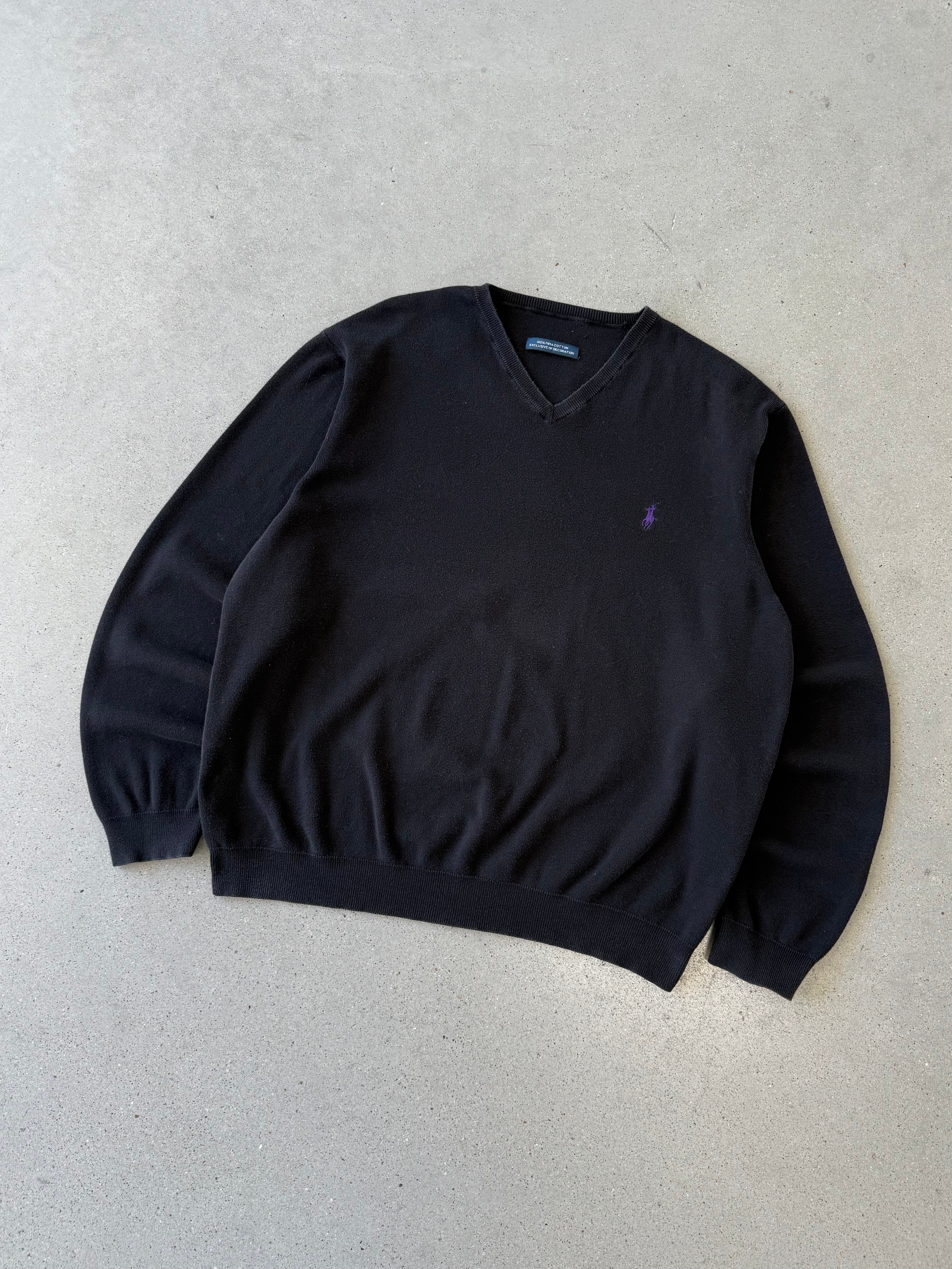 Vintage Polo Ralph Lauren Black Pima V-neck Sweater - XL