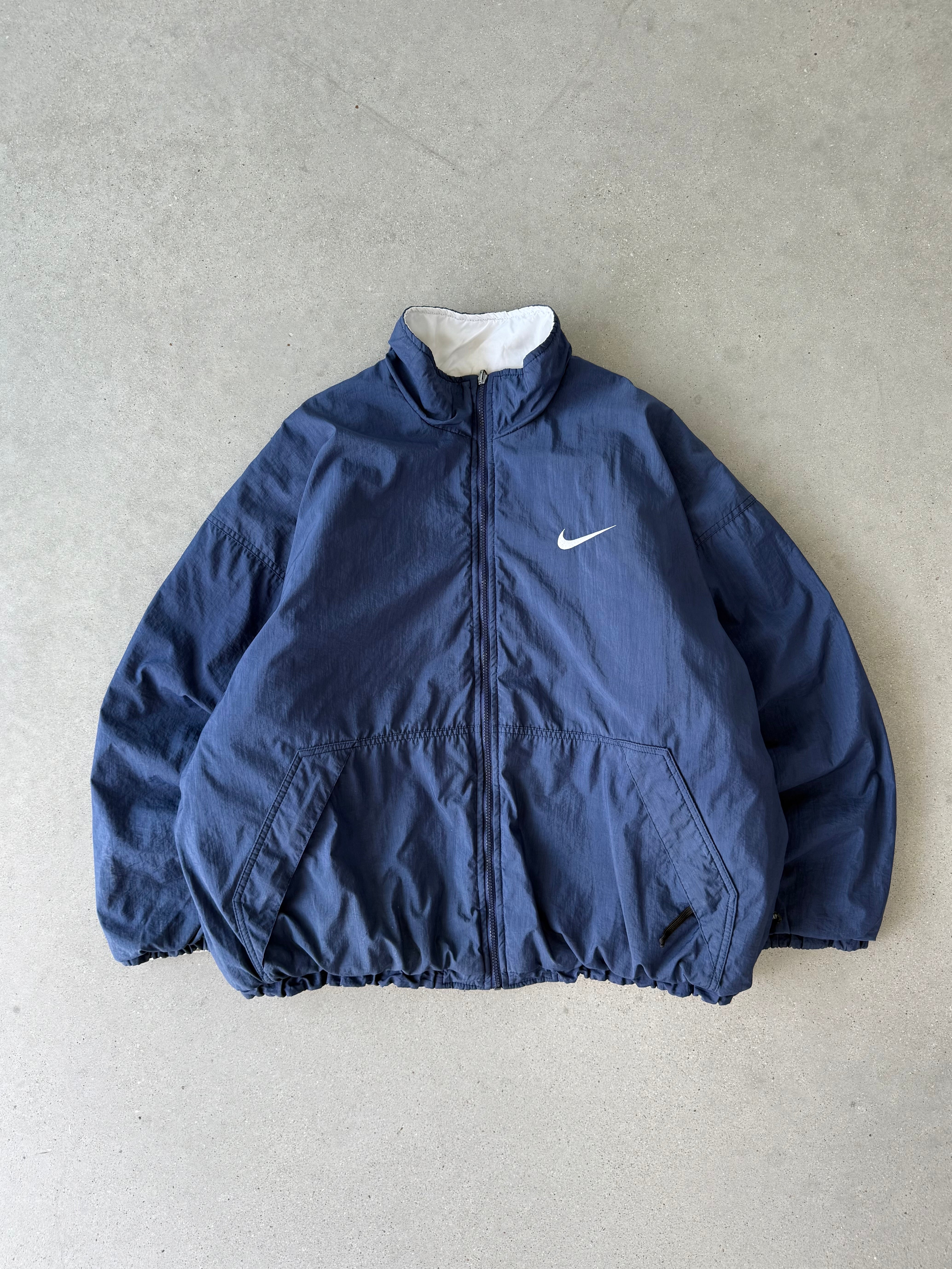 Vintage Nike Big Swoosh Blue Reversible Puffer Jacket - XL