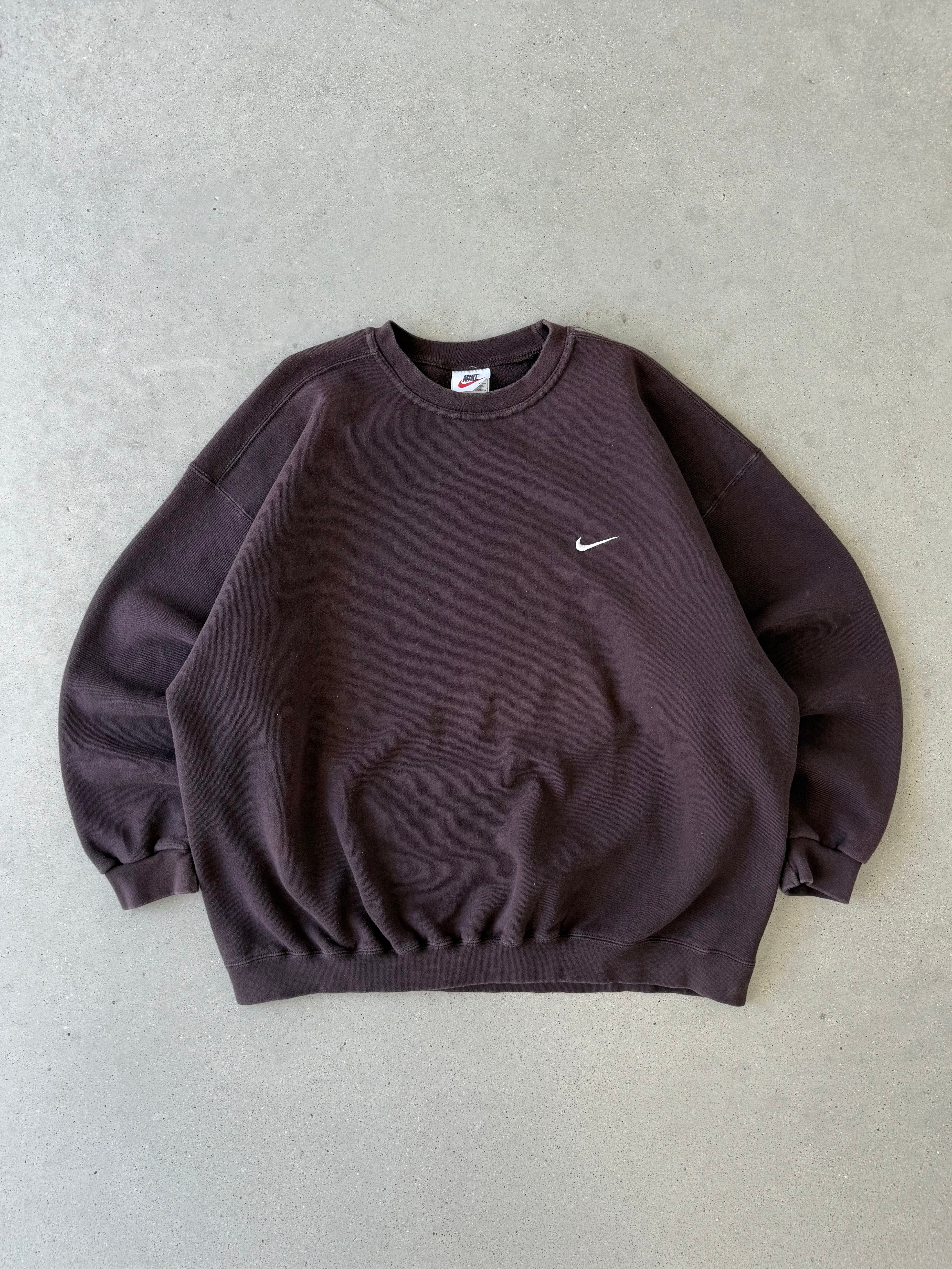 Vintage 1990s Nike Chocolate Brown Mini Swoosh Crewneck  - XXL