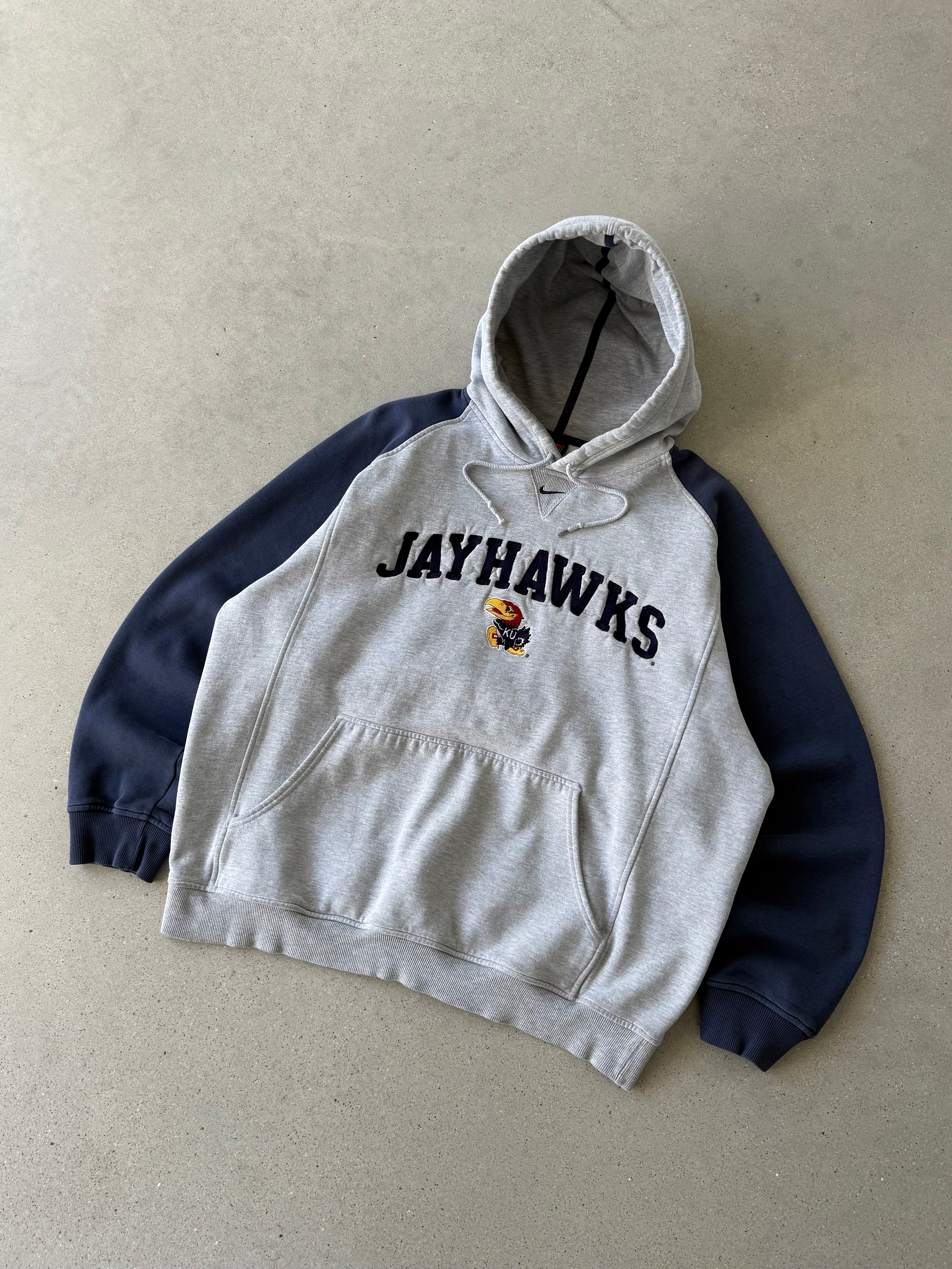 Vintage Nike Jayhawks Gray and Navy Hoodie - L