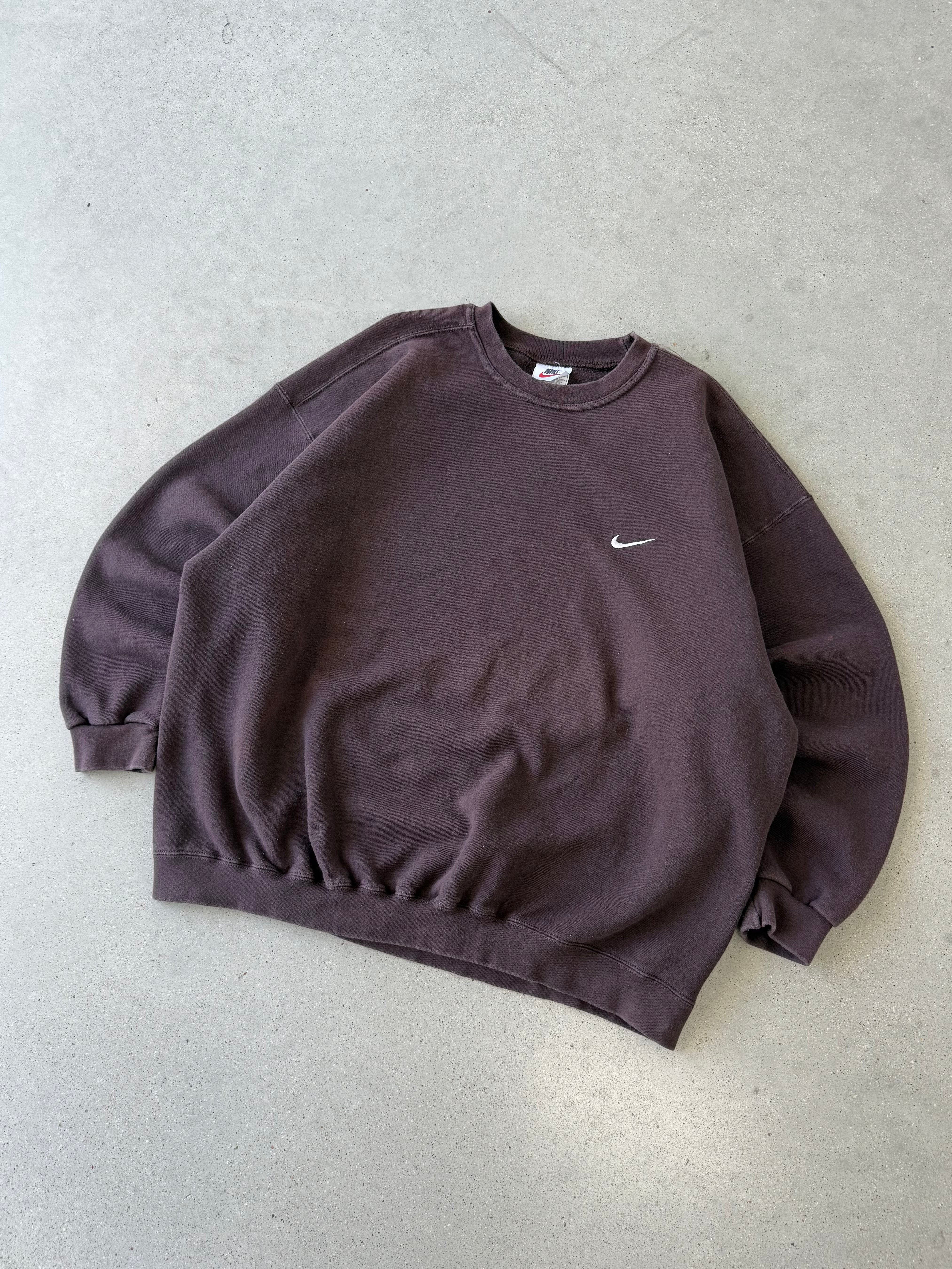 Vintage 1990s Nike Chocolate Brown Mini Swoosh Crewneck  - XXL
