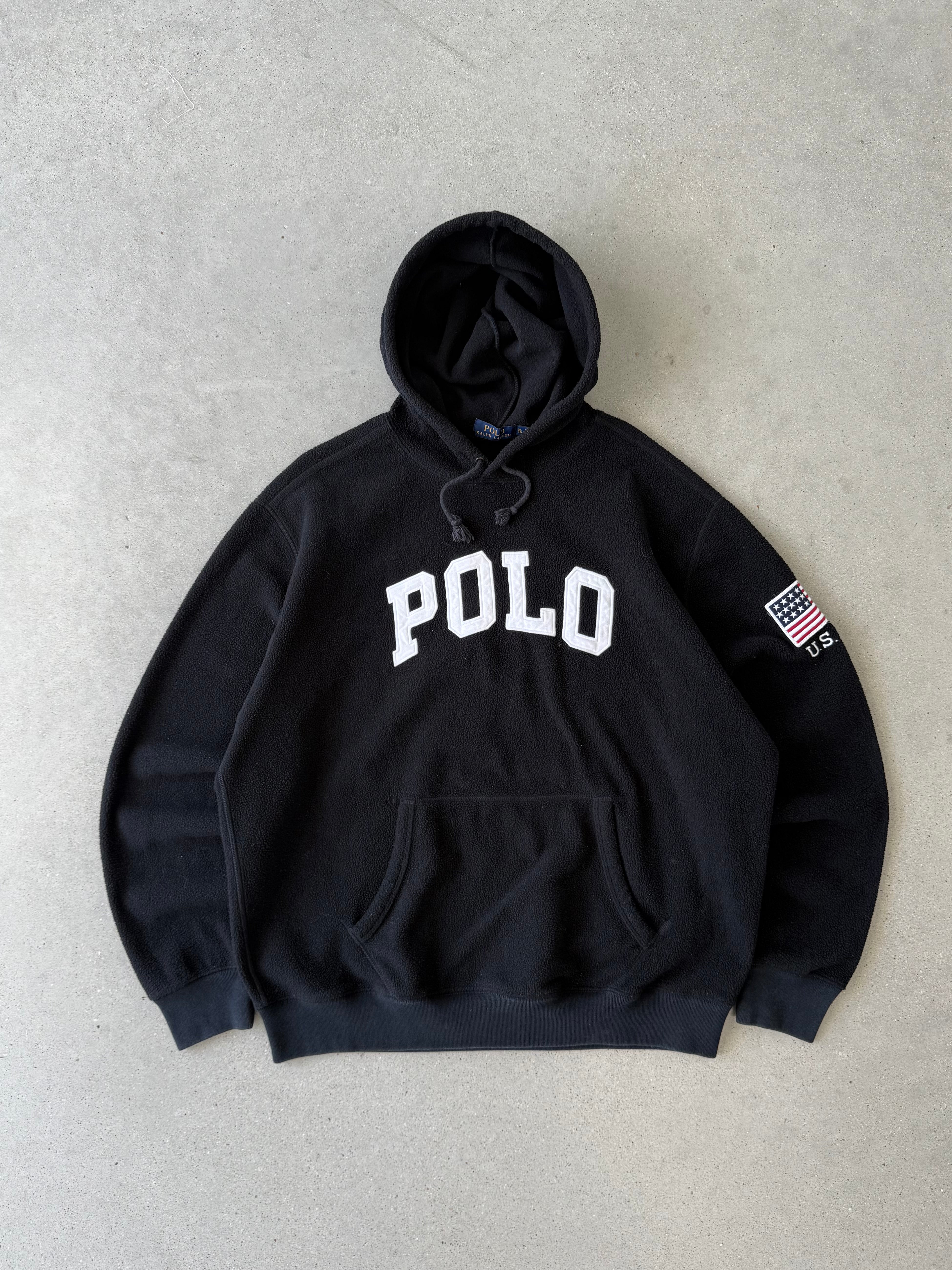 Vintage Polo Black Spellout Fleece Hoodie- XL