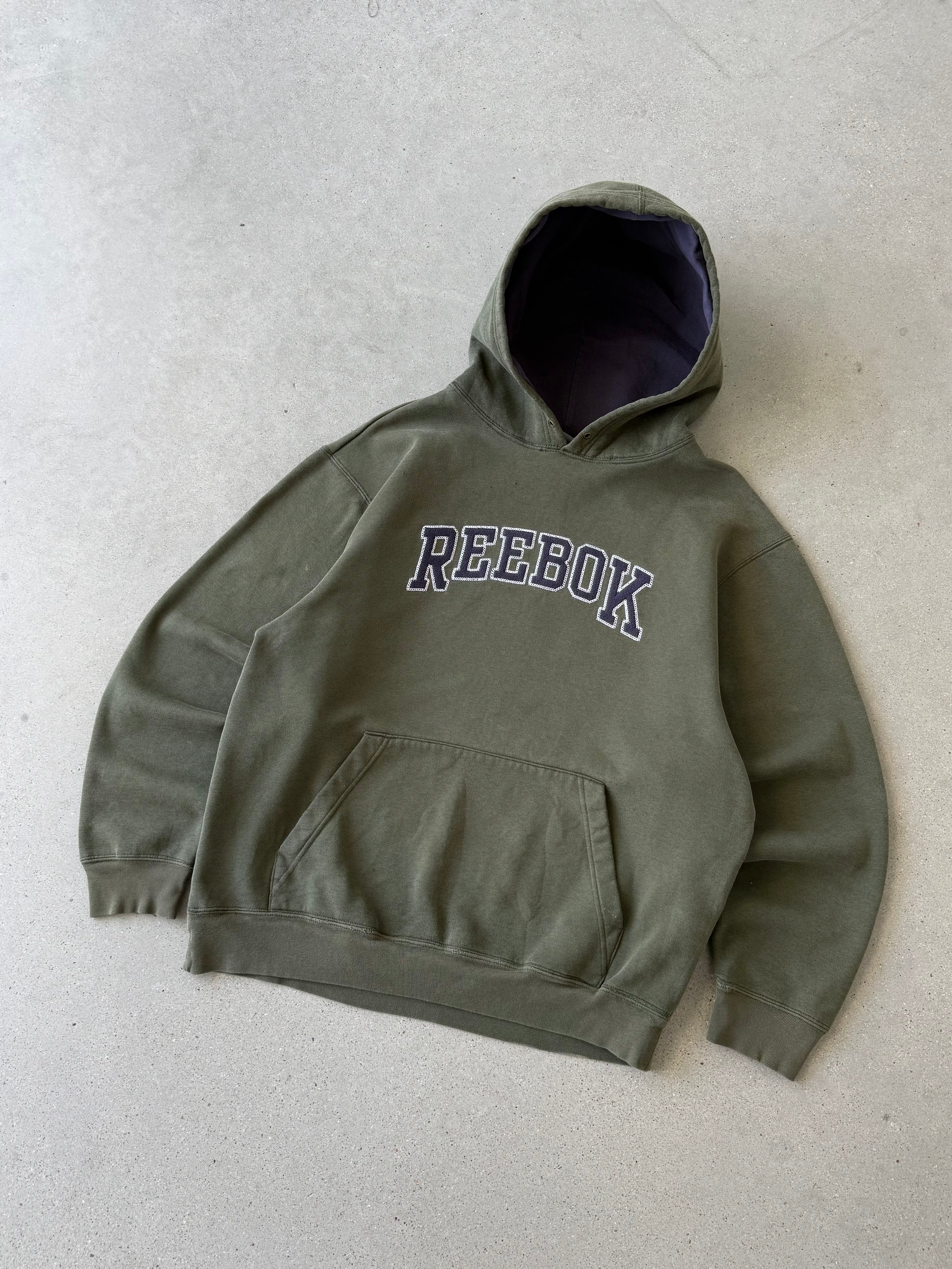 Vintage Reebok Olive Green Spell-out Hoodie  - L