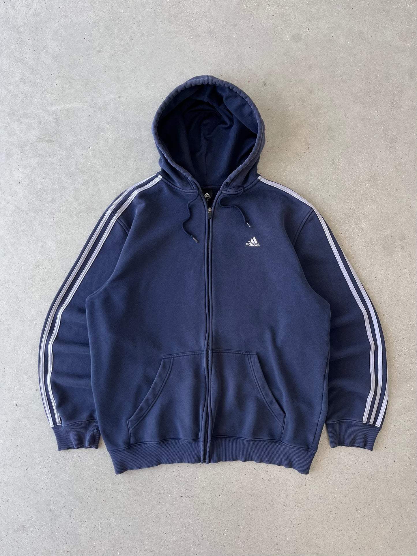 Vintage Adidas Navy Striped Zip-up Hoodie - L