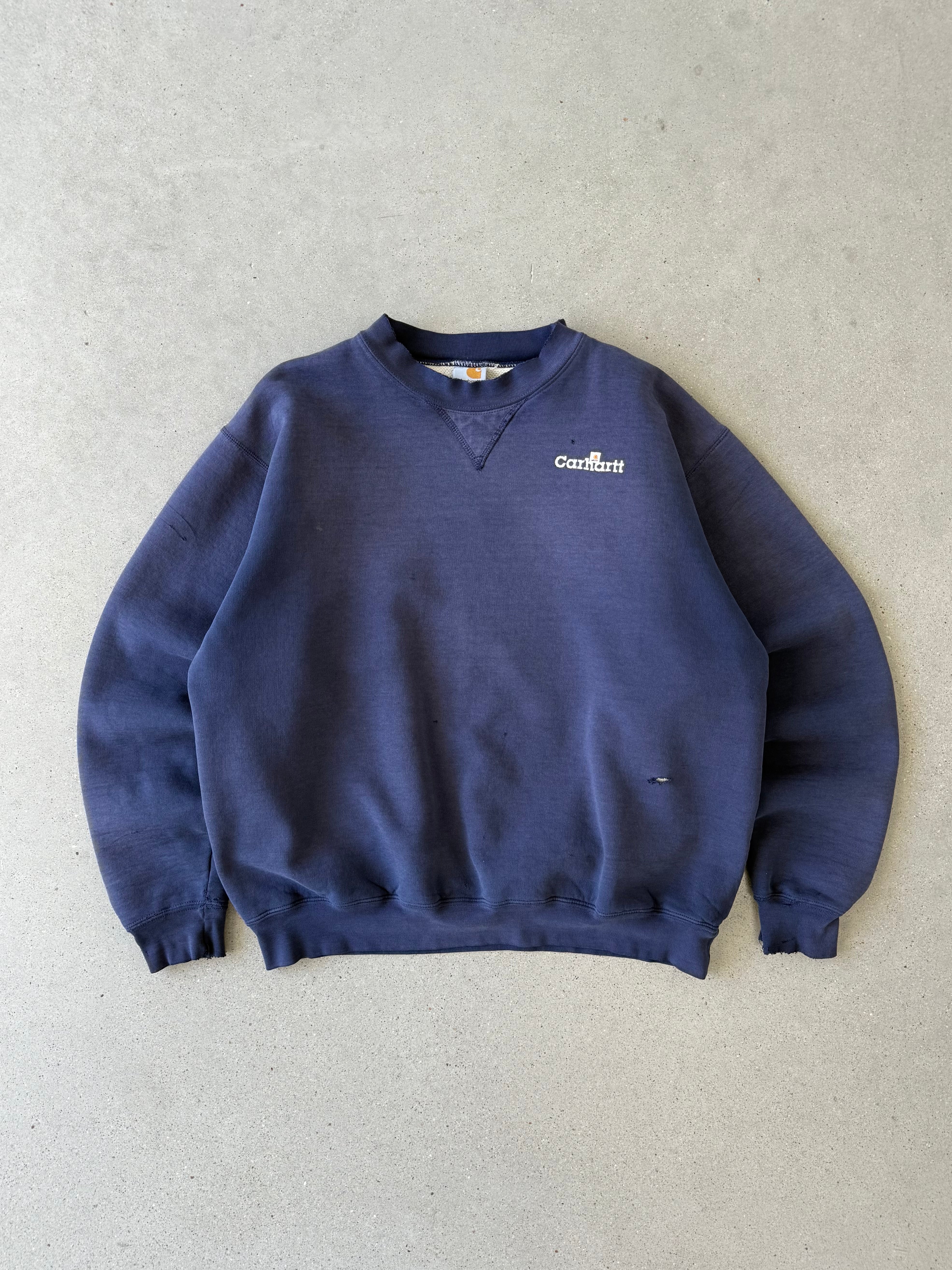 Vintage Sunfaded Thermal Carhartt Navy Spellout Sweatshirt - XL