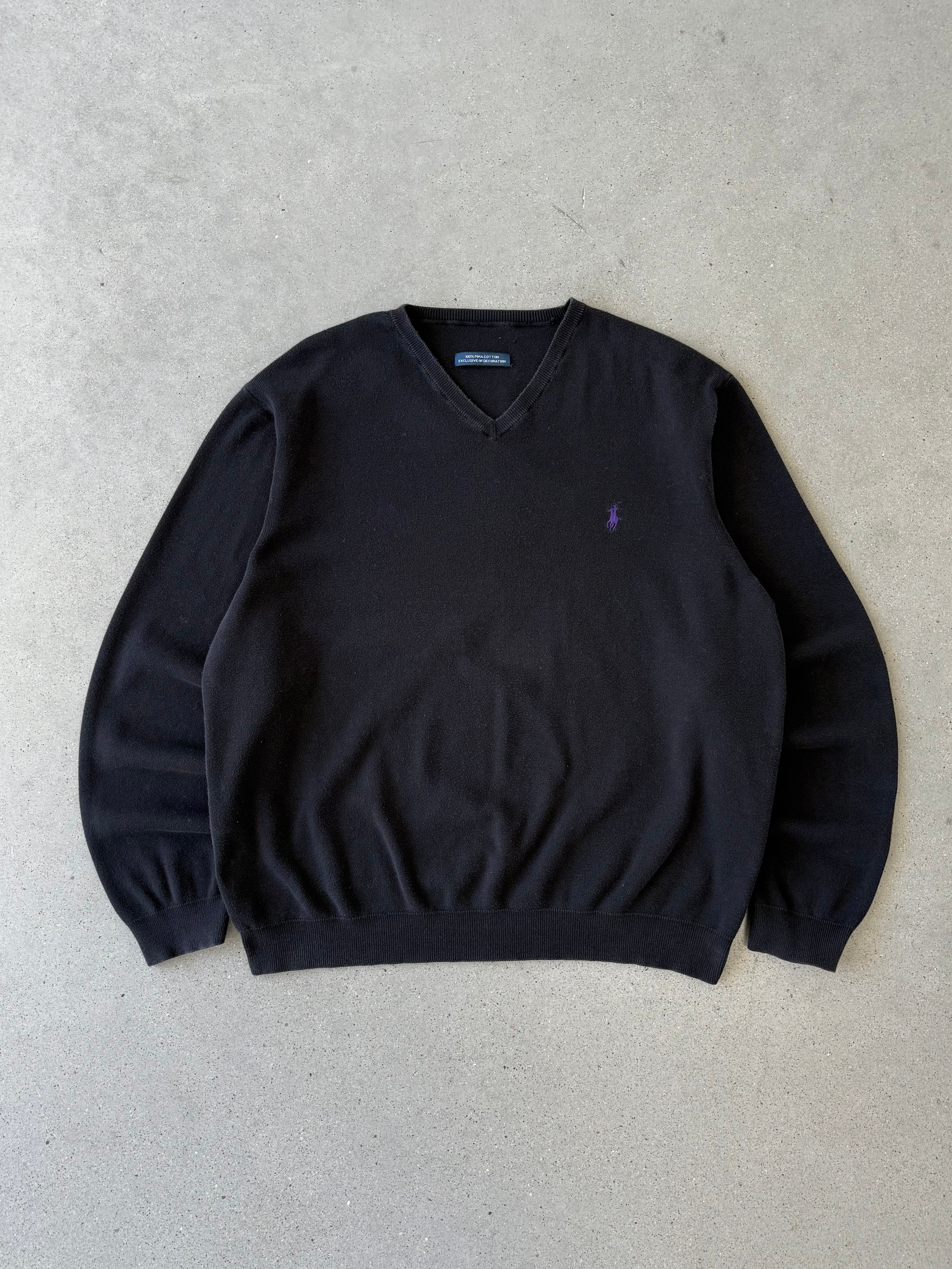 Vintage Polo Ralph Lauren Black Pima V-neck Sweater - XL
