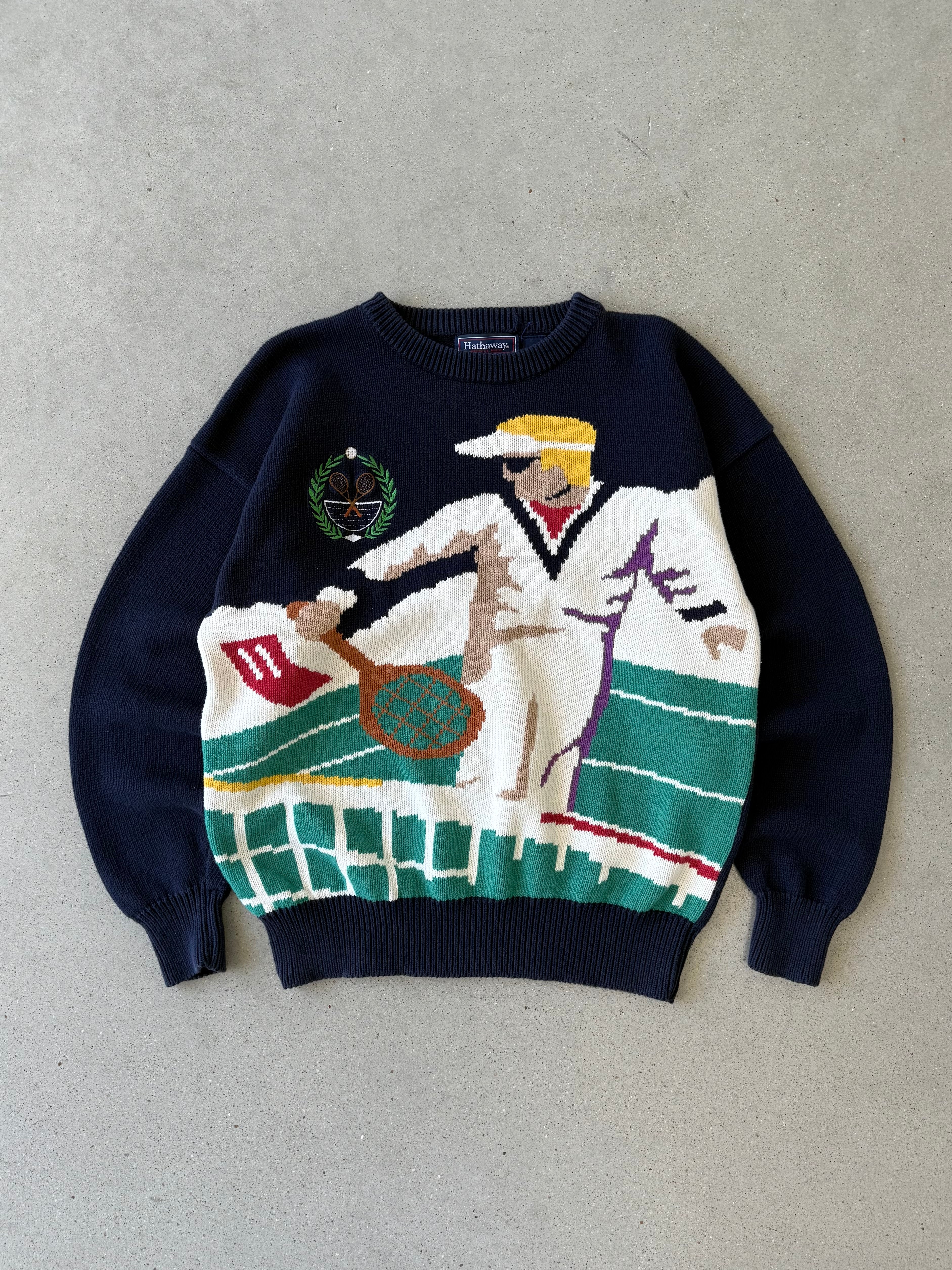 Vintage 1990s Hathaway Hand Intarsia Tennis Sweater - L