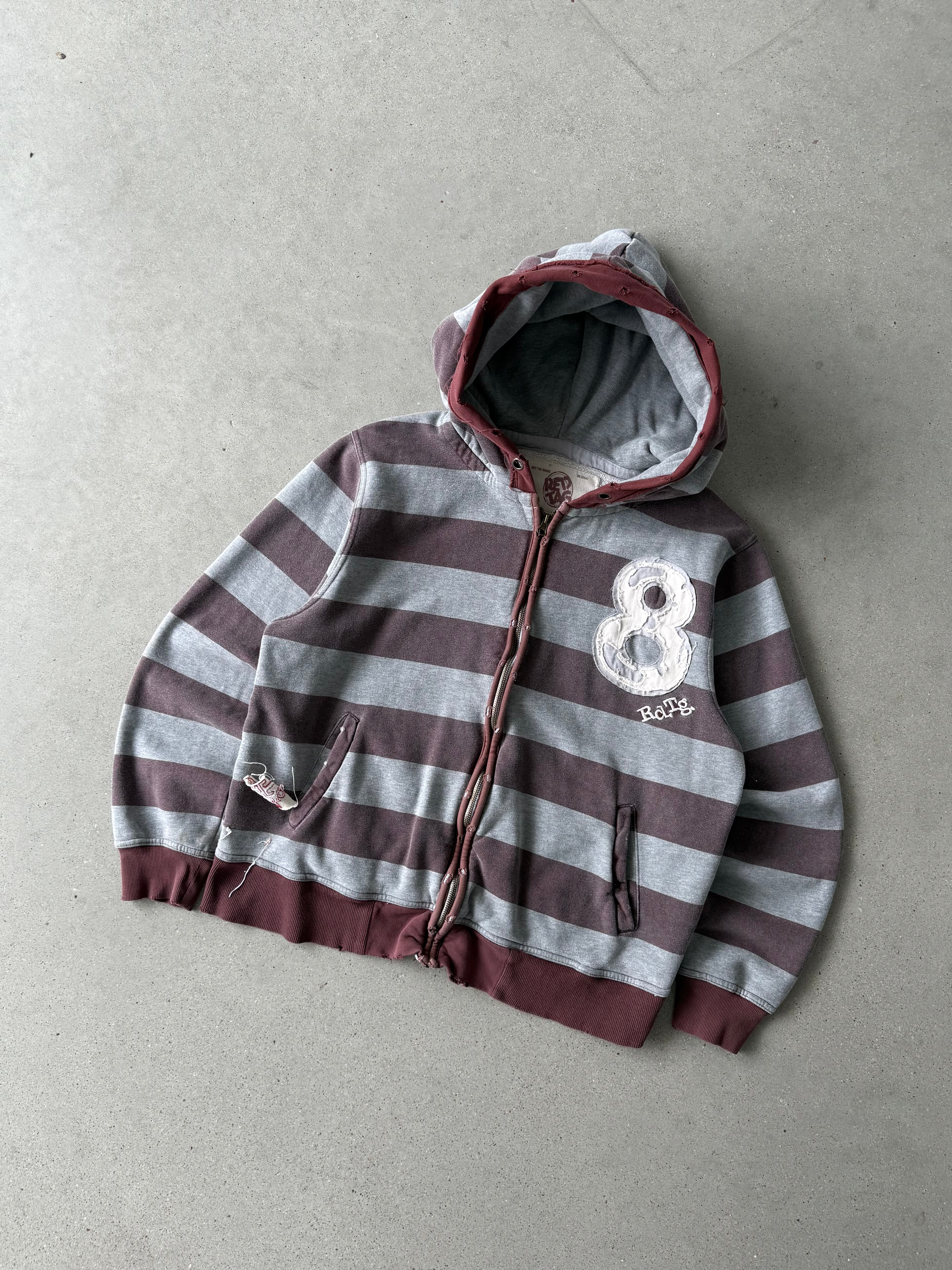 Vintage Y2K Red Tag Striped Zip-up Boxy Hoodie - L
