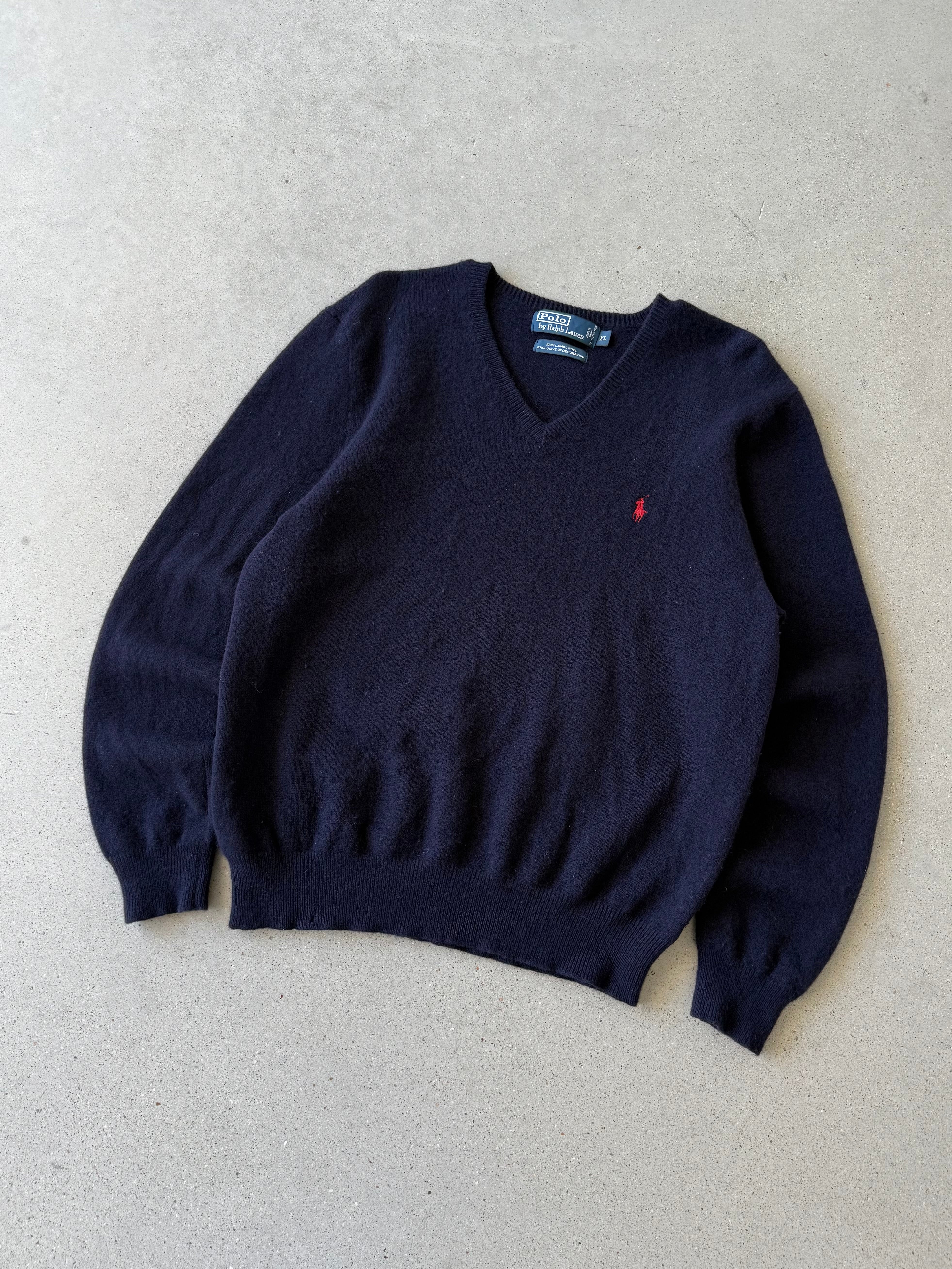 Vintage Polo Ralph Lauren Navy Wool V-neck Sweater - XL