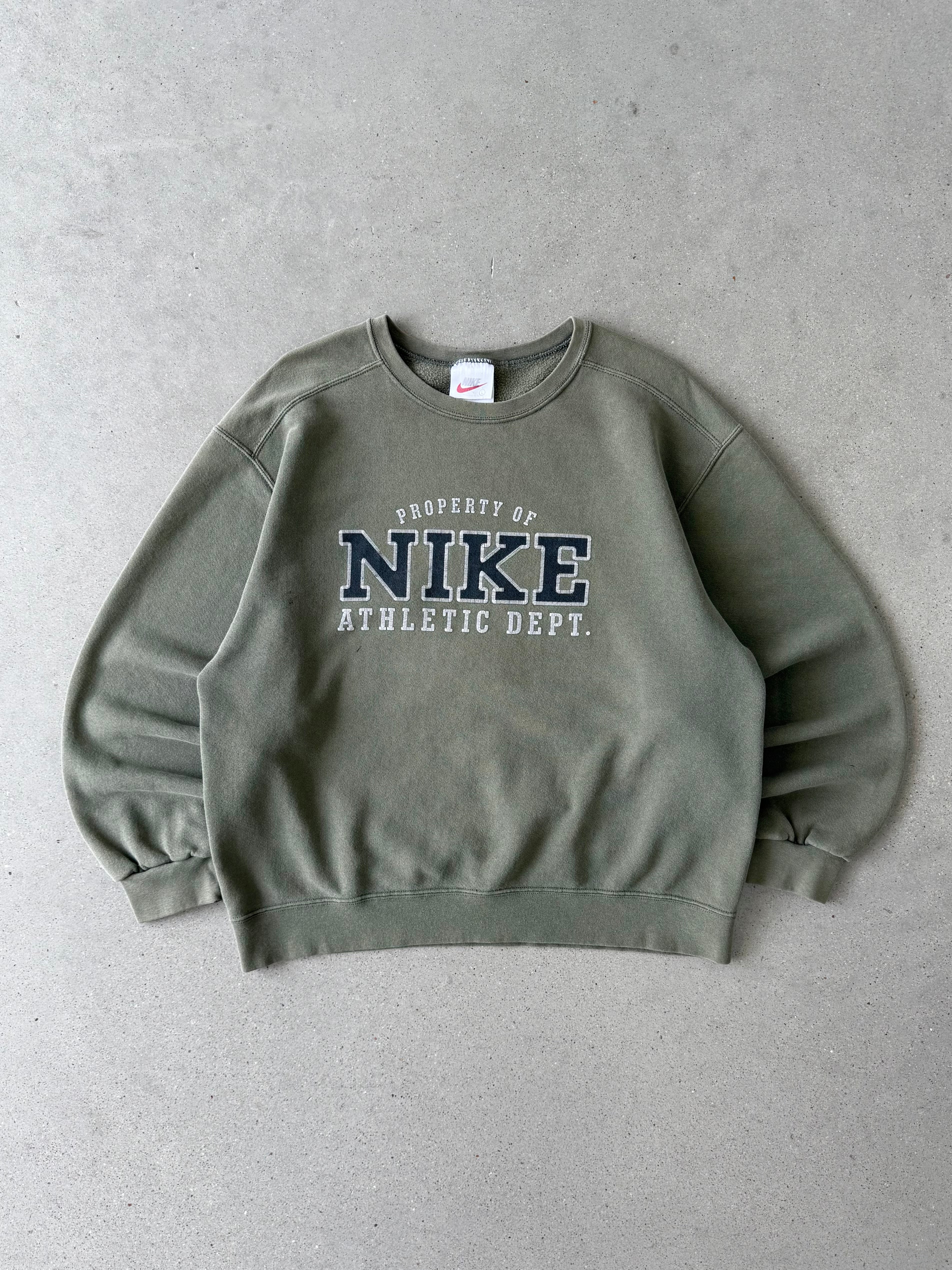 Vintage 1990s Nike Athletic Olive Spell-out Crewneck - L