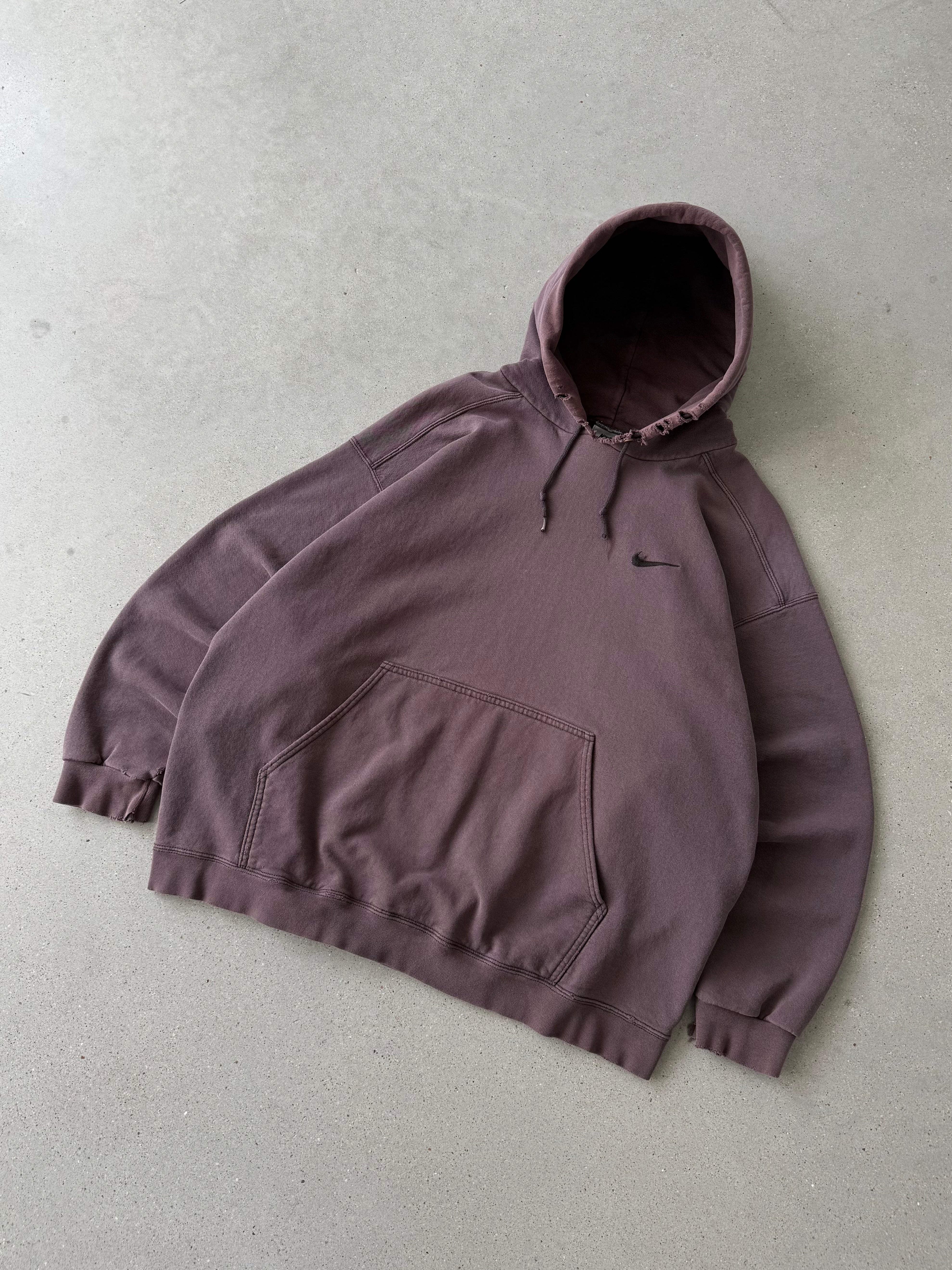 Vintage 1990s Nike Chocolate Brown Mini Swoosh Hoodie - XL