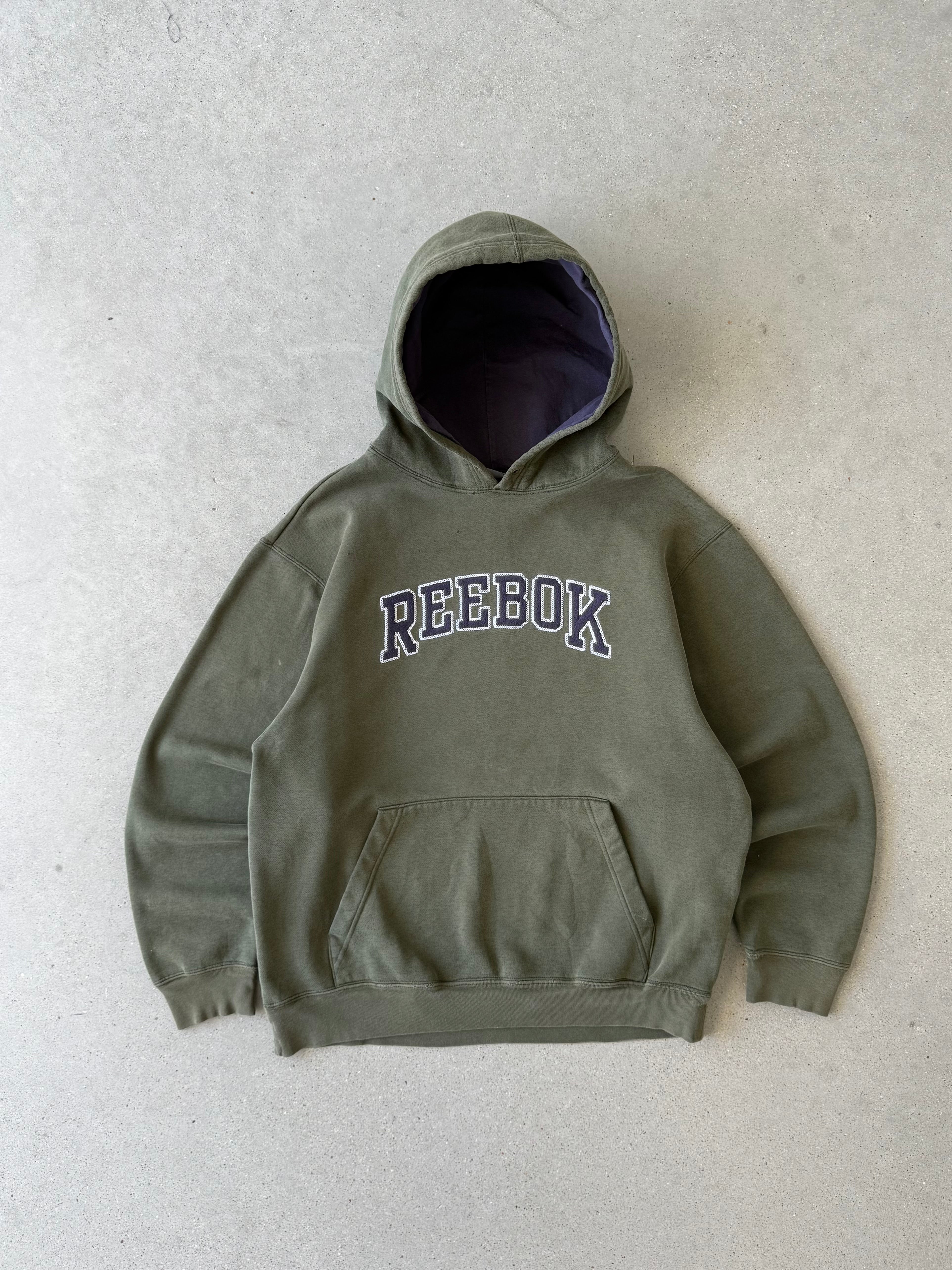 Vintage Reebok Olive Green Spell-out Hoodie  - L